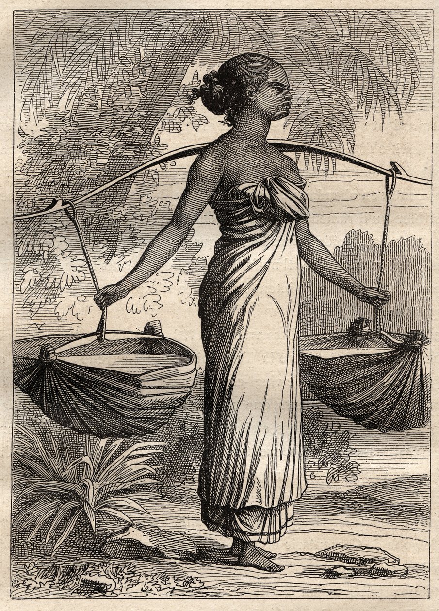 Expeditionen runt om i världen (1790-1792) av kapten Etienne Marchand (1755-1793): vattenbärare i Timor (Östtimor, Indonesien) -illustration hämtad från "The Great Mariners of the 18th century"" av Unknown artist