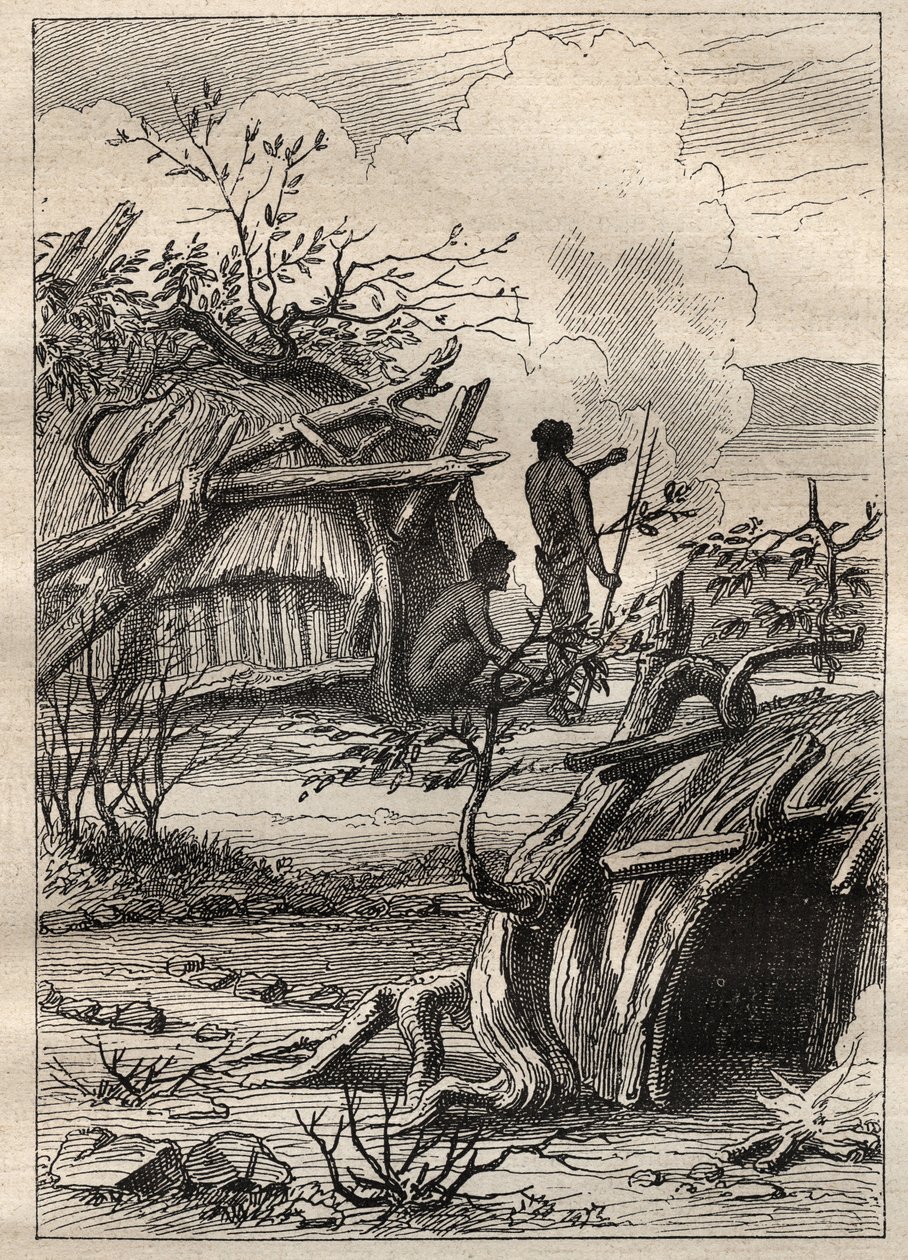 Expeditionen runt om i världen (1790-1792) av kapten Etienne Marchand (1755-1793): inhemska hytter i landet Enddacht (Australien) - illustration hämtad från "The Great Mariners of the 18th century"" av Unknown artist