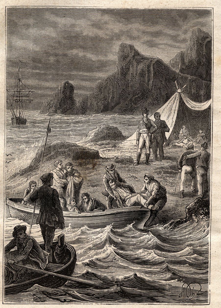 Expeditionen till de södra länderna (1800-1803) av Nicolas Baudin (1754-1803): de sjuka av skörbjugg transporterades i land i Bay of Adventure (Tasmanien, Australien) - illustration hämtad från "The Great Mariners of the 18th century" ” av Unknown artist