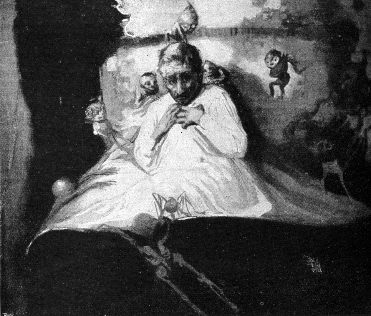 Rädslan för spöken (en man i sängen tror att han blir överfallen av inbillade varelser). av Unknown artist