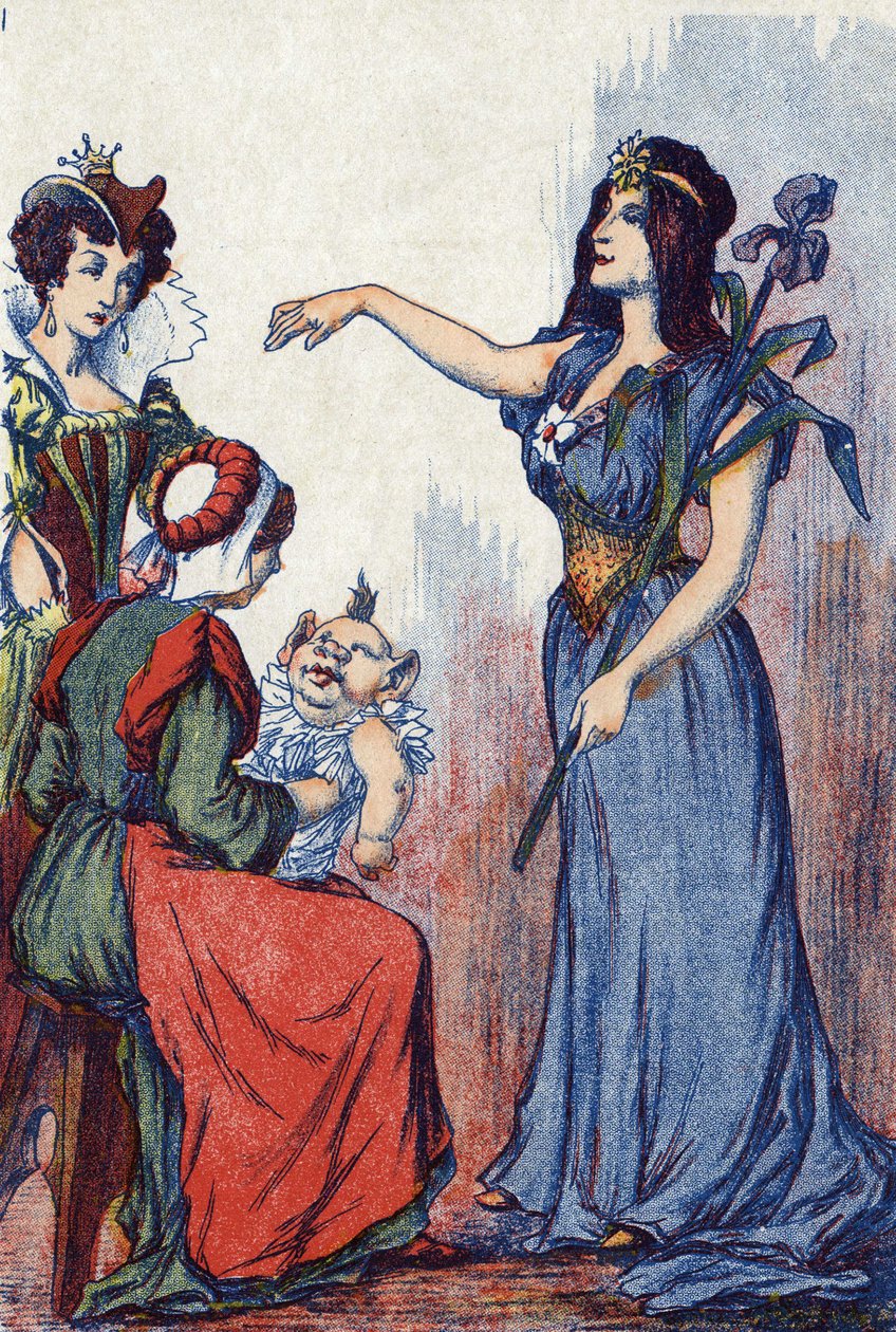 Avgiften förutspår att Riquet kommer att ha mycket sinne. Illustration till "Riquet à la houppe", berättelse av Charles Perrault (1628-1703), fransk författare. Anonym illustration. Bildspråk Marcel Vagne, Jarville Nancy, odaterad (slutet av 1800-talet). av Unknown artist