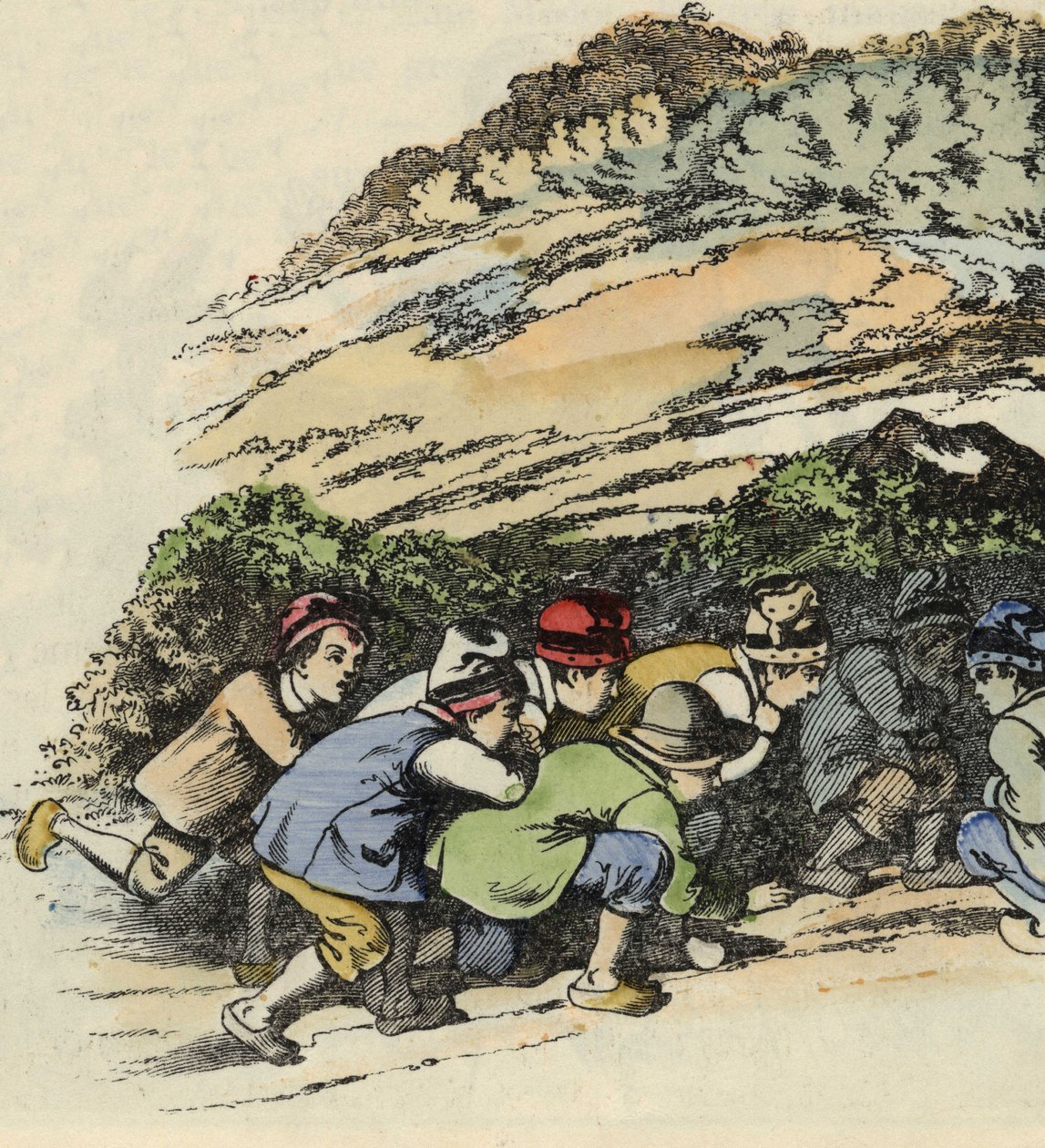 Den lilla Poucets feres gömmer sig i en ihålig sten för att undkomma ogren. Illustration av berättelsen "" Le Pepetit Poucet"" av Charles Perrault av Unknown artist