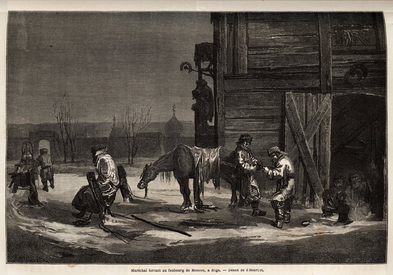Den ferrant marechal, i förorten till Moskva. Ritning av Henriet, för att illustrera hans resa till de ryska baltiska provinserna 1851-54. Gravyr i "" Le tour du monde", redigerad av Edouard Charton av Unknown artist