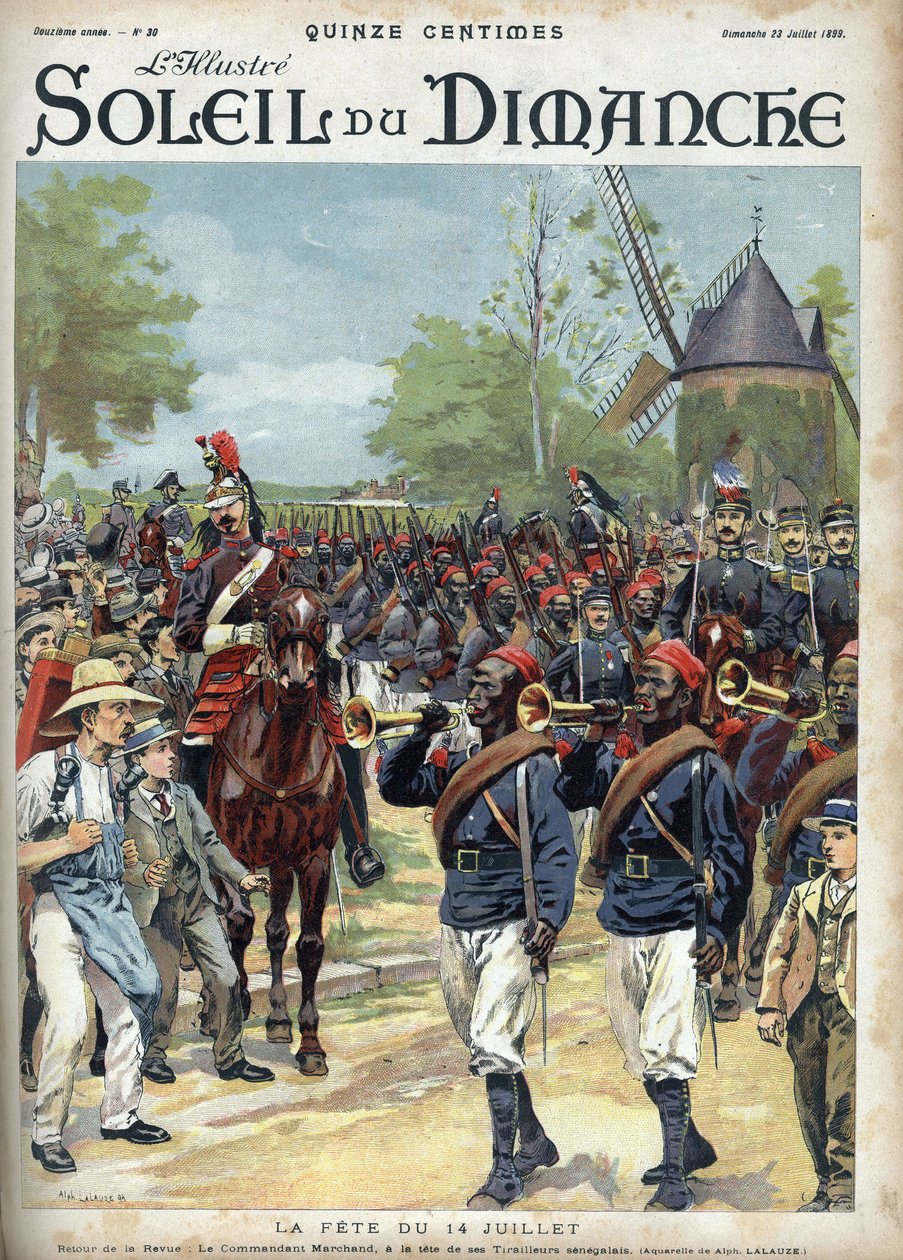 Festen den 14 juli: Commander Marchand har chefen för senegalesiska ryttare. Gravyr i "" Le sun-du-dimanche"", 23 juli av Unknown artist