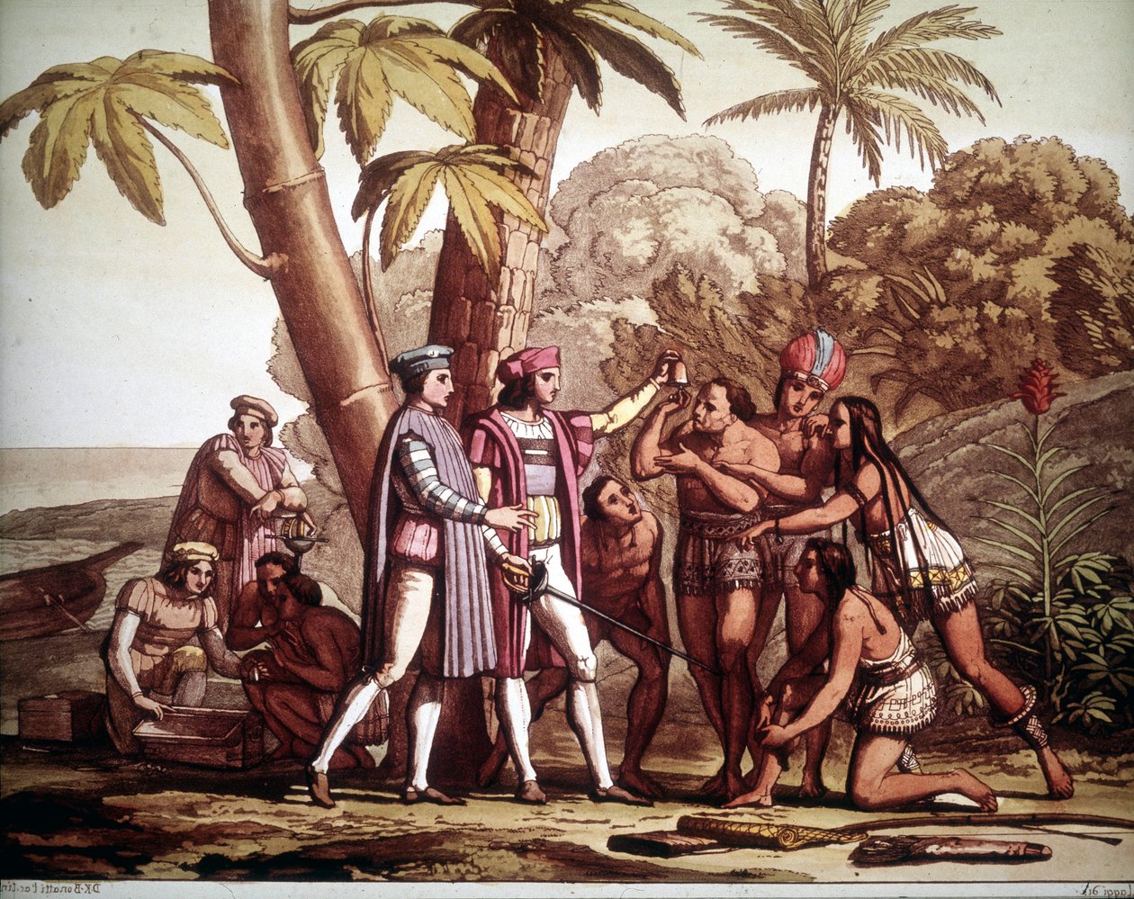 De första indianerna som visade sig för Christopher Columbus vid hans ankomst till Amerika, - i "" Den gamla och moderna kostymen"" av Jules Ferrario av Unknown artist