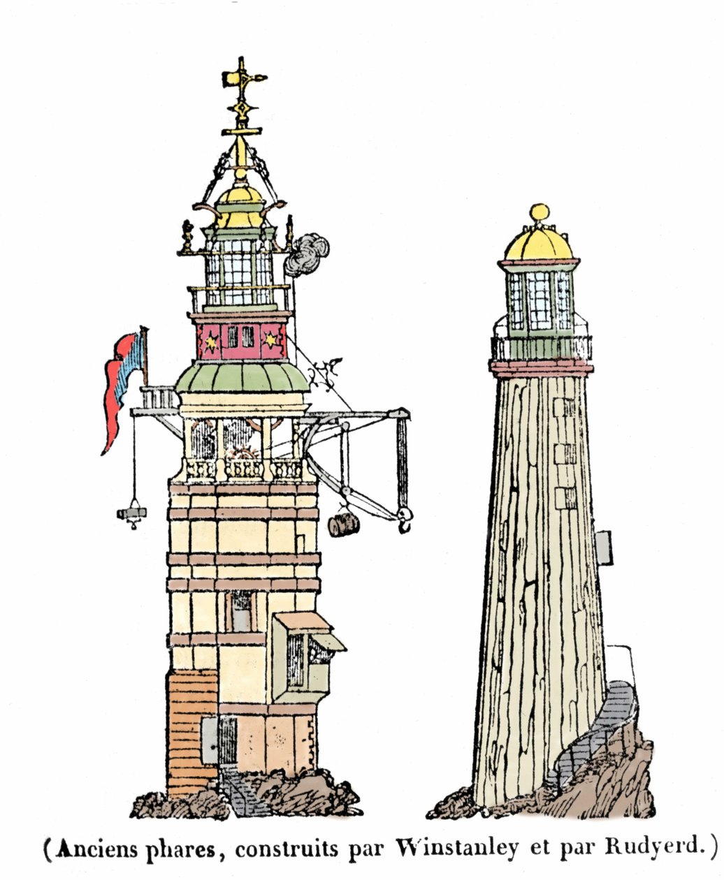 Den första och andra fyren i Eddystone. Den första, byggd 1696, försvann en natt av storm 1703; den andra kollapsen 1775 på grund av en brand. av Unknown artist