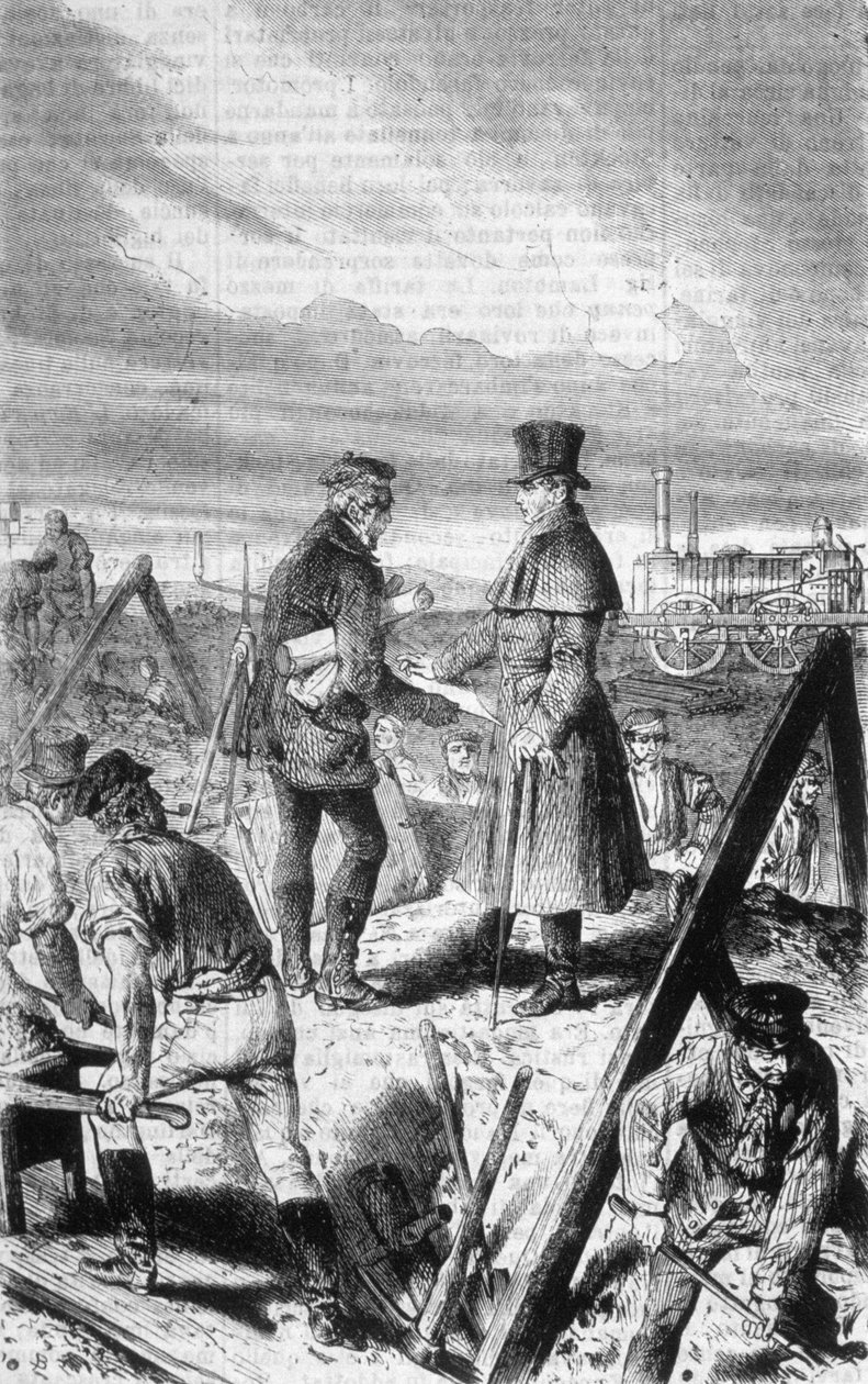 Det första ångloket byggt av den brittiske ingenjören George Stephenson (1781-1848). av Unknown artist