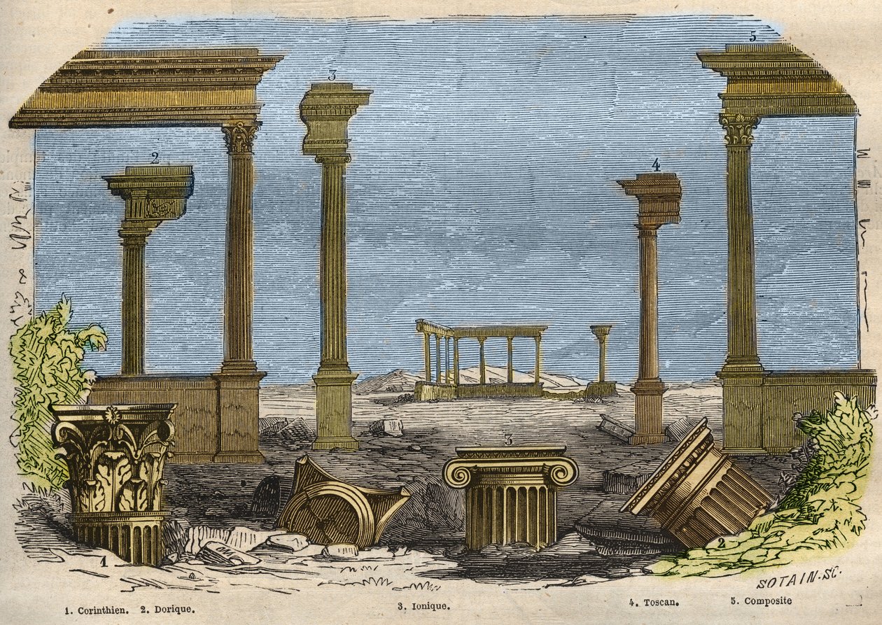De fem orden av klassisk (uråldrig) arkitektur: korintisk, dorisk, jonisk, toskansk och komposit, var och en representerad av en kolumn. Gravyr från 1857 i "" Le Musee Des Sciences"" av Unknown artist