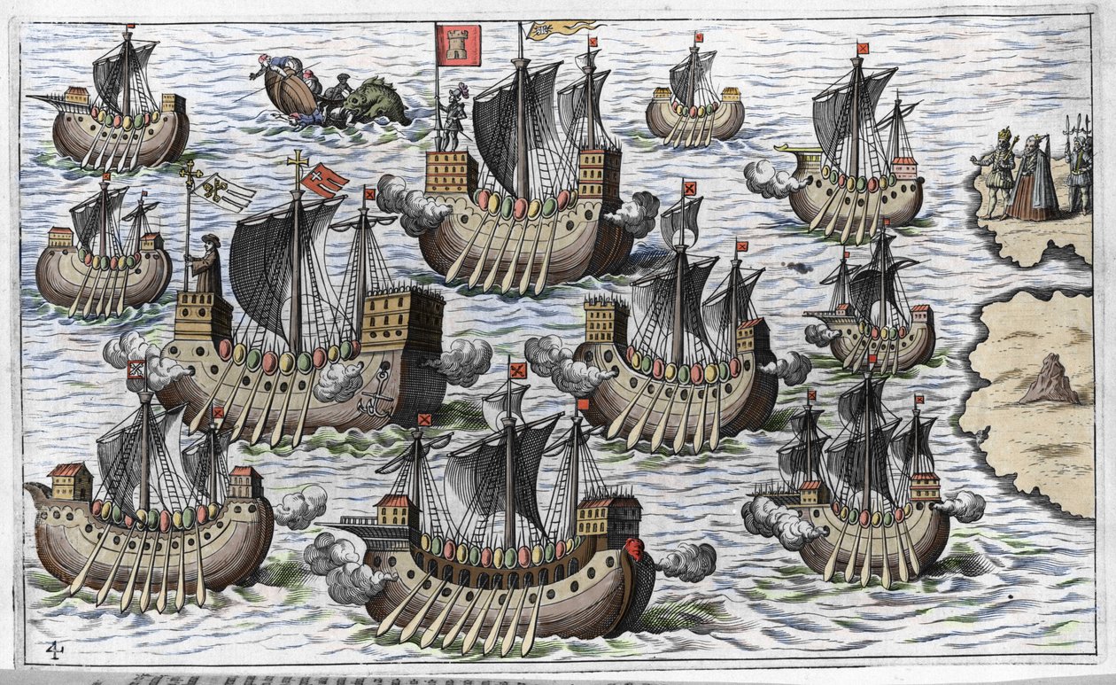 Christopher Columbus (Cristoforo Colombo) flotta för att erövra den nya världen - i "New Tipus After the Voyage of the New World" av Philoponus Honorius av Unknown artist