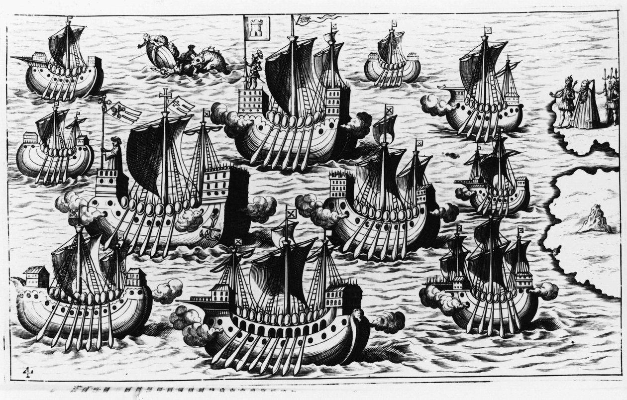 Christopher Columbus (Cristoforo Colombo) flotta för att erövra den nya världen - i "New Tipus After the Voyage of the New World" av Philoponus Honorius av Unknown artist