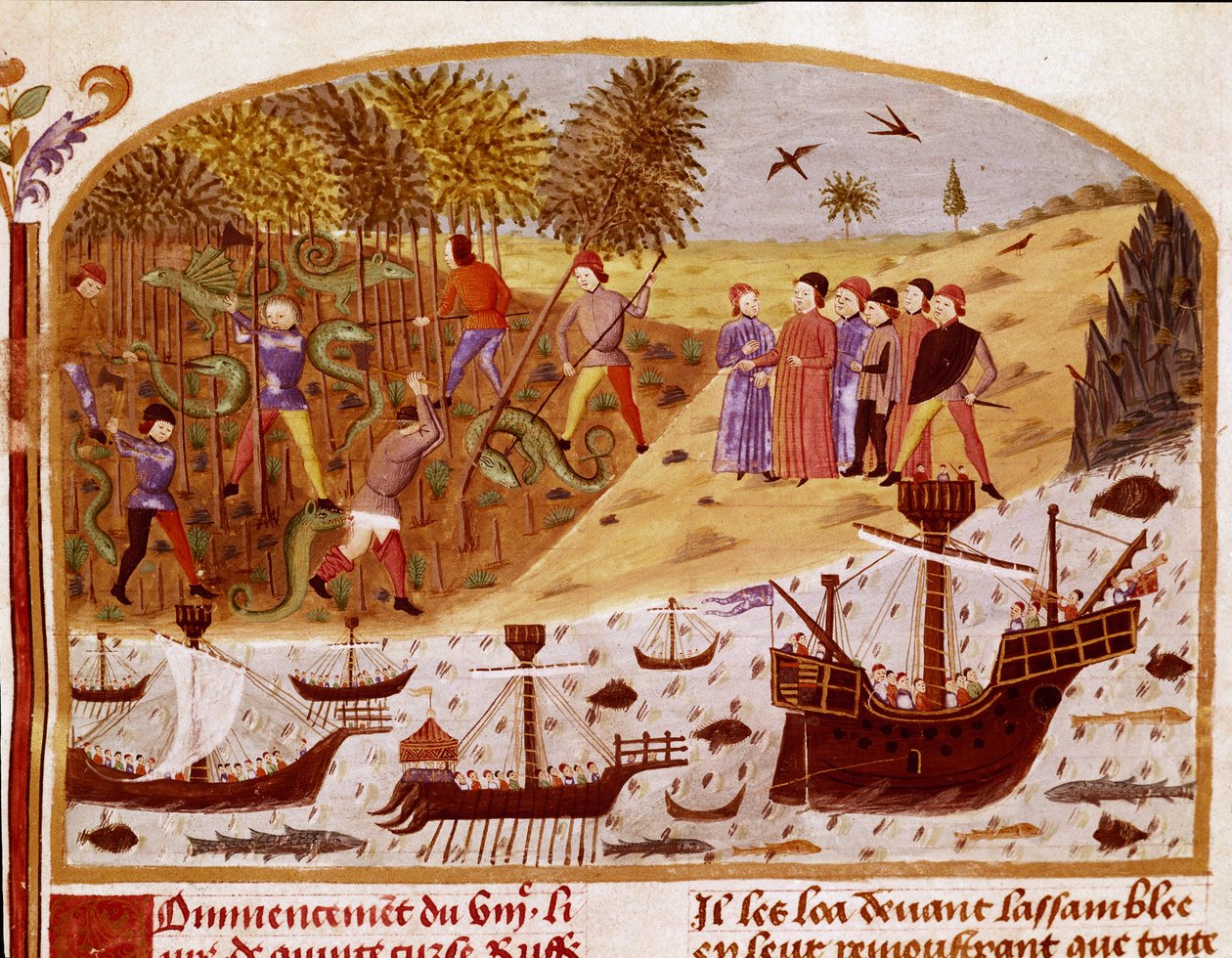 Flottan av kung Alexander den store miniatyren hämtad från "" Boken om Alexander den stores fakta"" av Quintus Curtius Rufus (Quinte Curce) (1:a århundradet), omkring 1468 - (Ms 1335) Reims, Stadsbiblioteket av Unknown artist