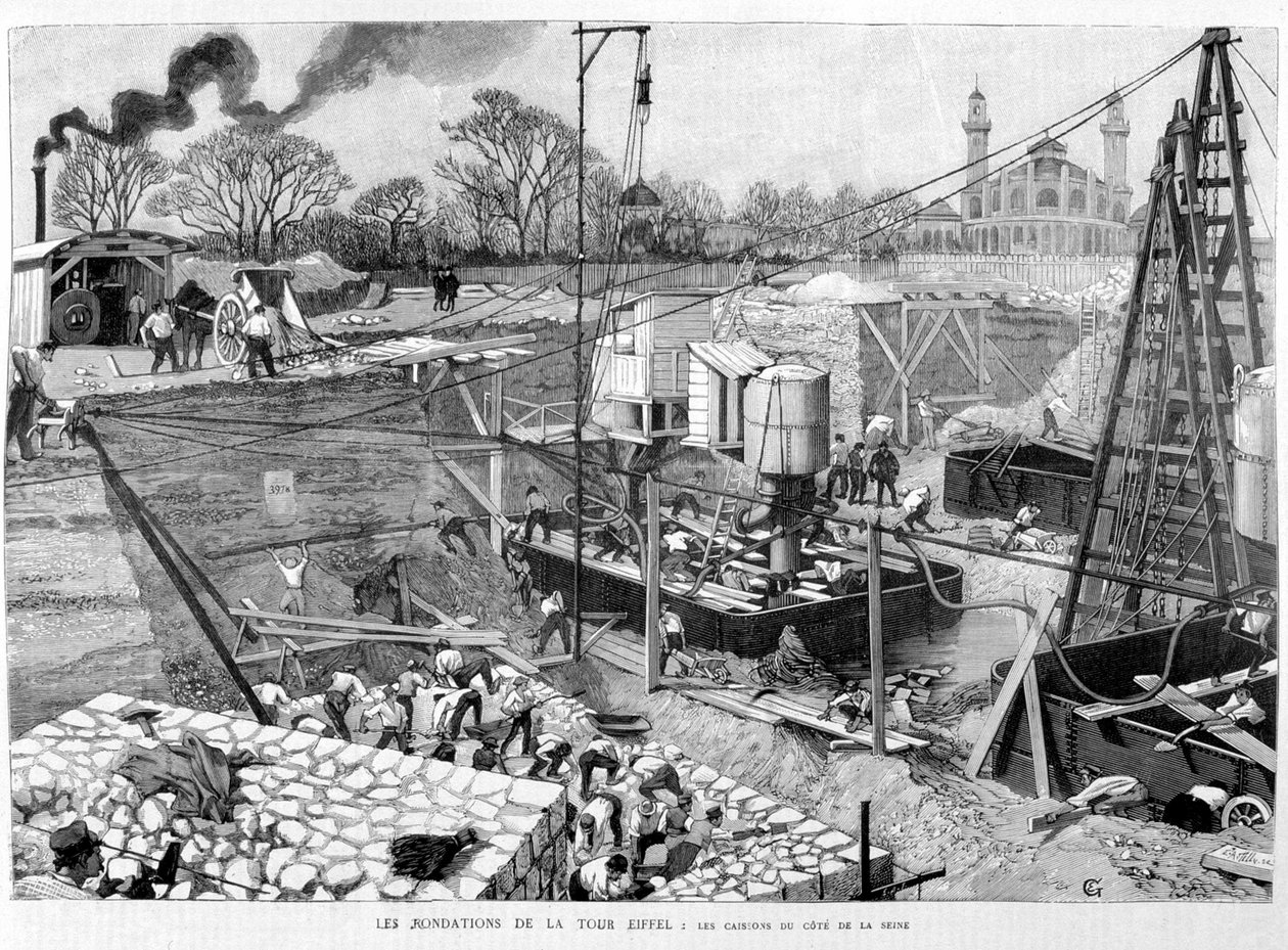Grunden till Eiffeltornet: kassunerna på Seinesidan - i "" Illustration"" 14/05/1887. ¿ av Unknown artist