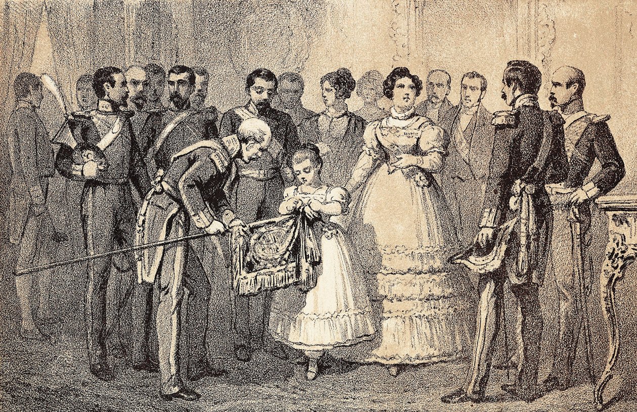 Den blivande drottningen av Spanien Isabella II (Isabella av Bourbon) (1830-1904) (Isabel II av Espana) dekorerar flaggan för spjuten av gardegardet av Saint Ferdinand Order (San Fernando). Litografi. av Unknown artist