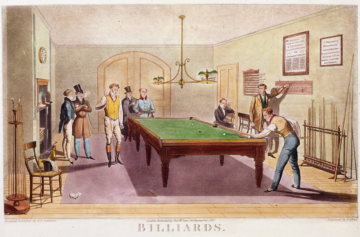 Spelet biljard. Gentilmän från det höga engelska samhället spelar biljard. Gravyr från 1827. Privat samling av Unknown artist