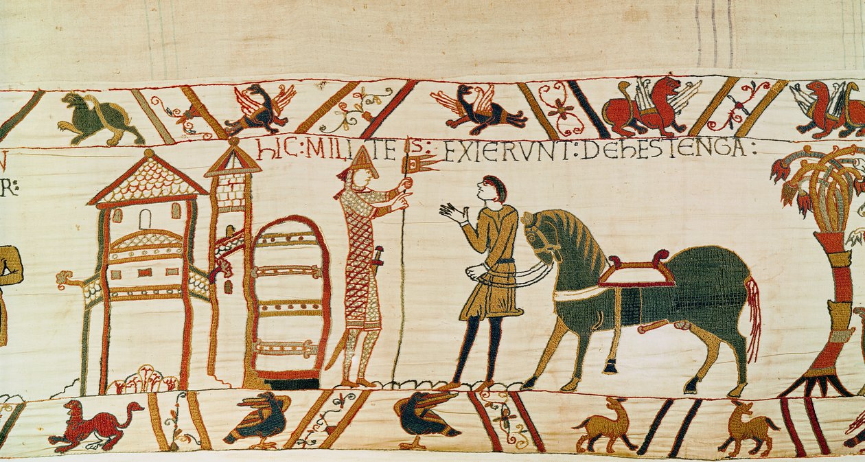 Porten till Hastings öppnas för normanderna att marschera mot Harold, Bayeux Tapestry (ullbroderi på linne) av Unknown artist
