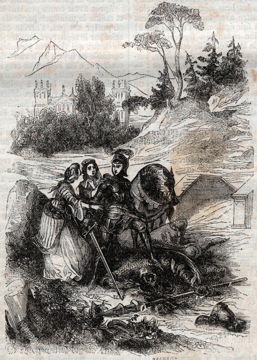 Den jättelika erifilen besegrad av Roger (Ruggero, Ruggiero) - Gravyr från 1851 från "" Furious Roland"" (1500-talet) av Ludovico Ariosto, känd som Ariosta - Upplaga översatt från italienska av greven av Tressan och utgiven av Gust av Unknown artist