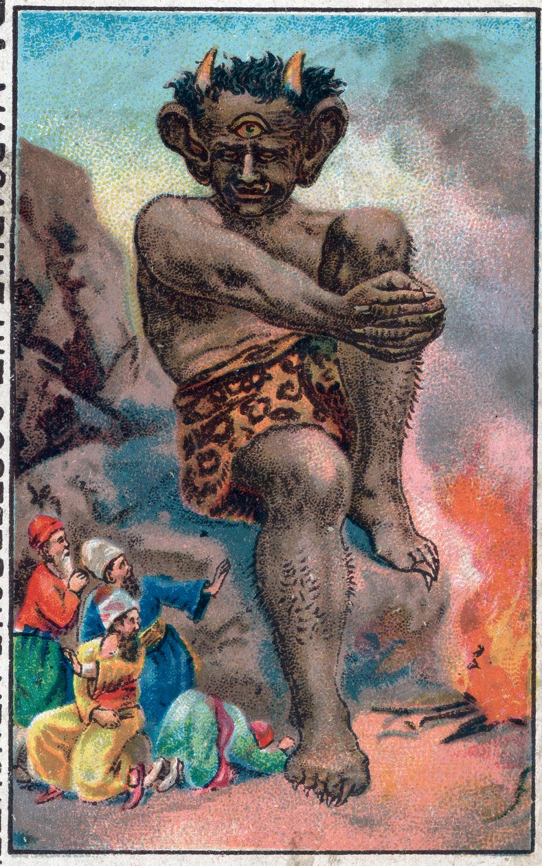 Jätten. Sinbads (Sindbad) sjömannens underbara äventyr. Populär berättelse om 1001 nätter (tusen och en natt). Kromolitografi från slutet av 1800-talet. av Unknown artist