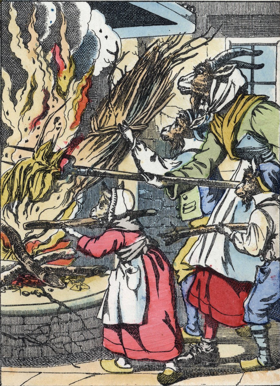 Geten och prydnadssakerna satte eld på skorstenen. Illustration av berättelsen "Compere le Loup, Maitre Renard, Comere la Chevre et ses petits biquets"" efter en fabel av Jean de la Fontaine. I "" Sagor från hemmet för de minsta"". Anonym gravyr av Unknown artist