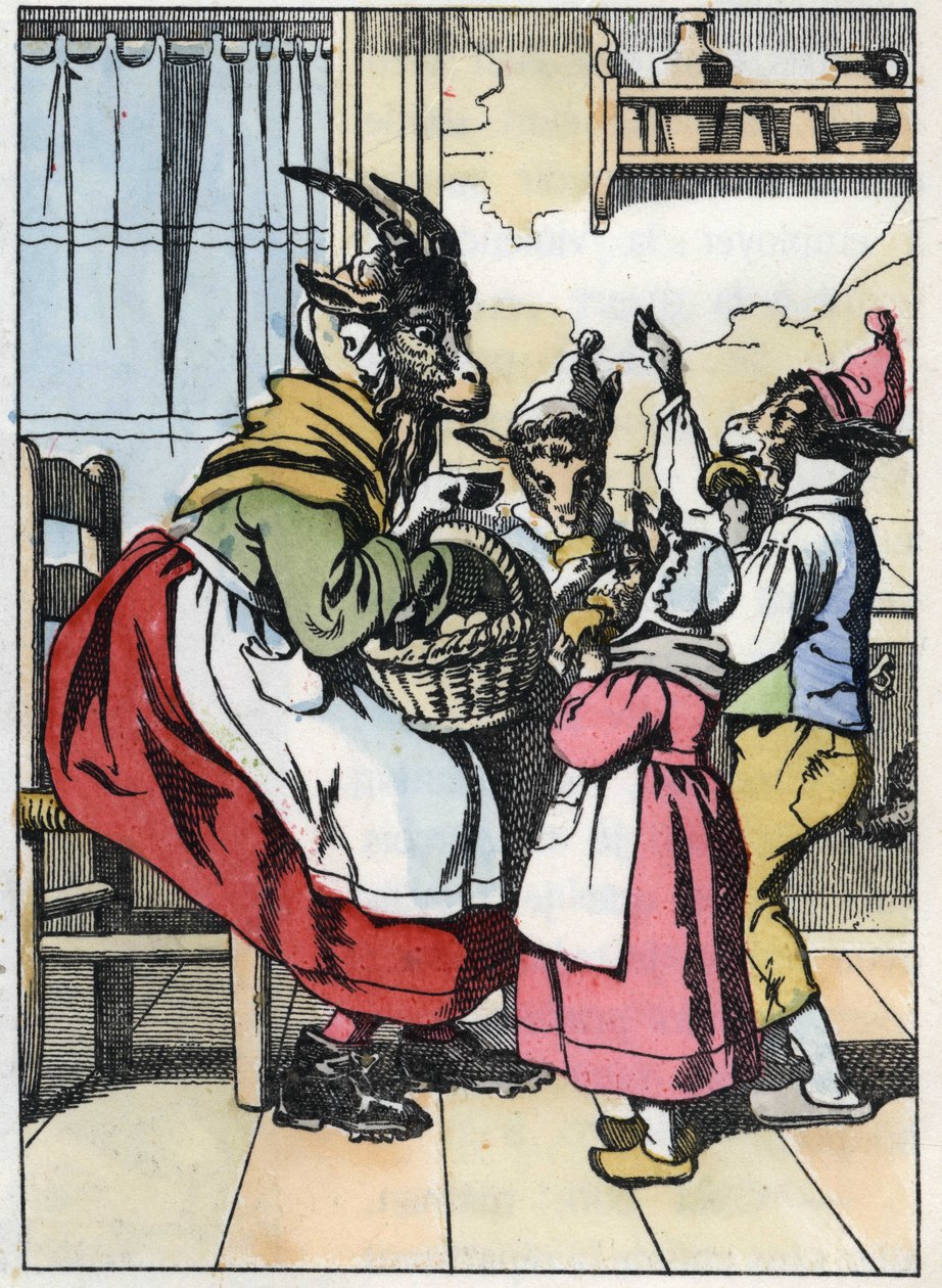 Geten är ute från marknaden och lyssnar på biketternas historia. Illustration av berättelsen "Compere le Loup, Maitre Renard, Comere la Chevre et ses petits biquets"" efter en fabel av Jean de la Fontaine. I "" Sagor från hemmet för de minsta"" av Unknown artist