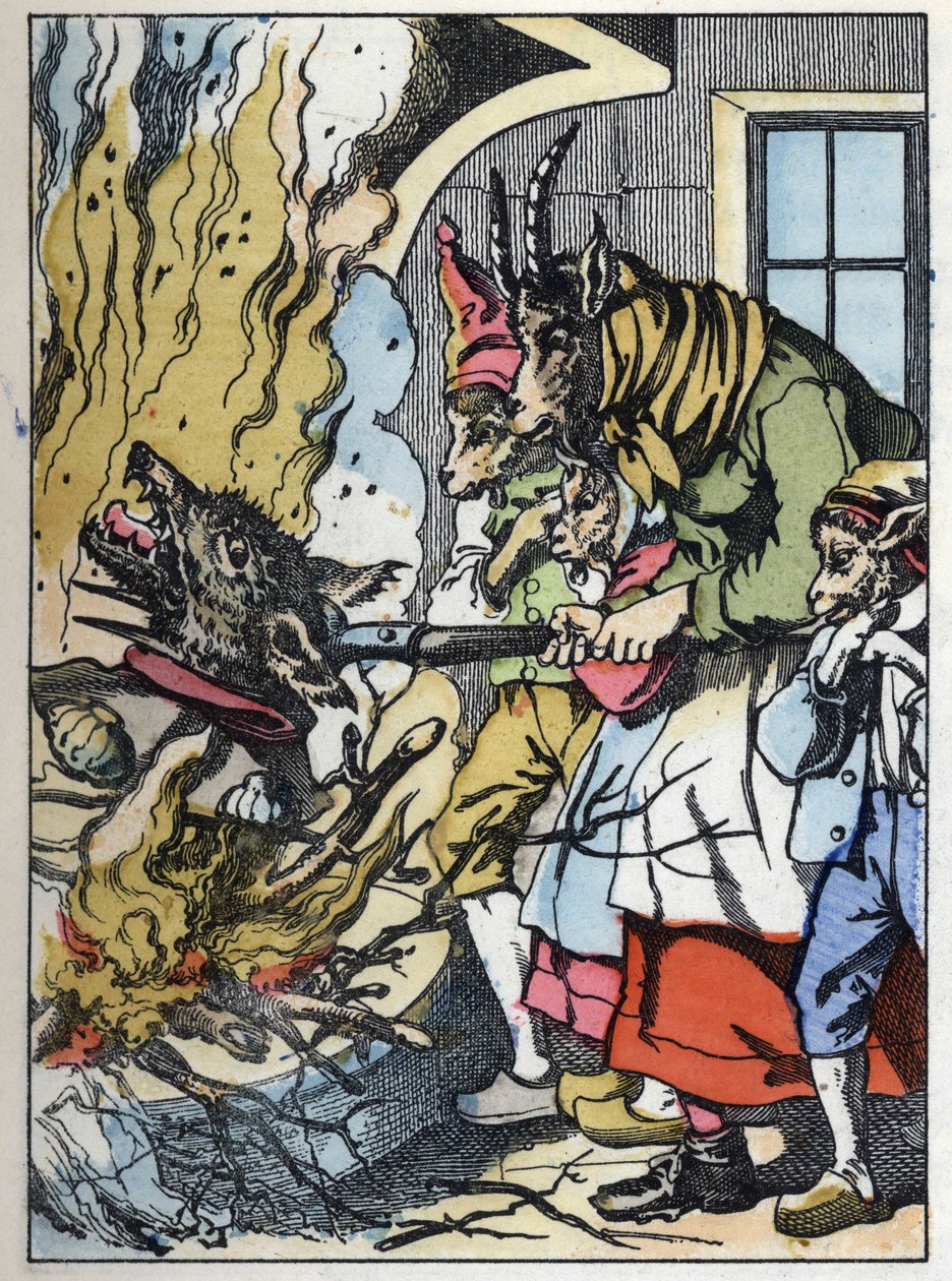 Geten dödar vargen i skorstenen. Illustration av berättelsen "Compere le Loup, Maitre Renard, Comere la Chevre et ses petits biquets"" efter en fabel av Jean de la Fontaine. I "" Sagor från hemmet för de minsta"". Anonym gravyr av 19t av Unknown artist