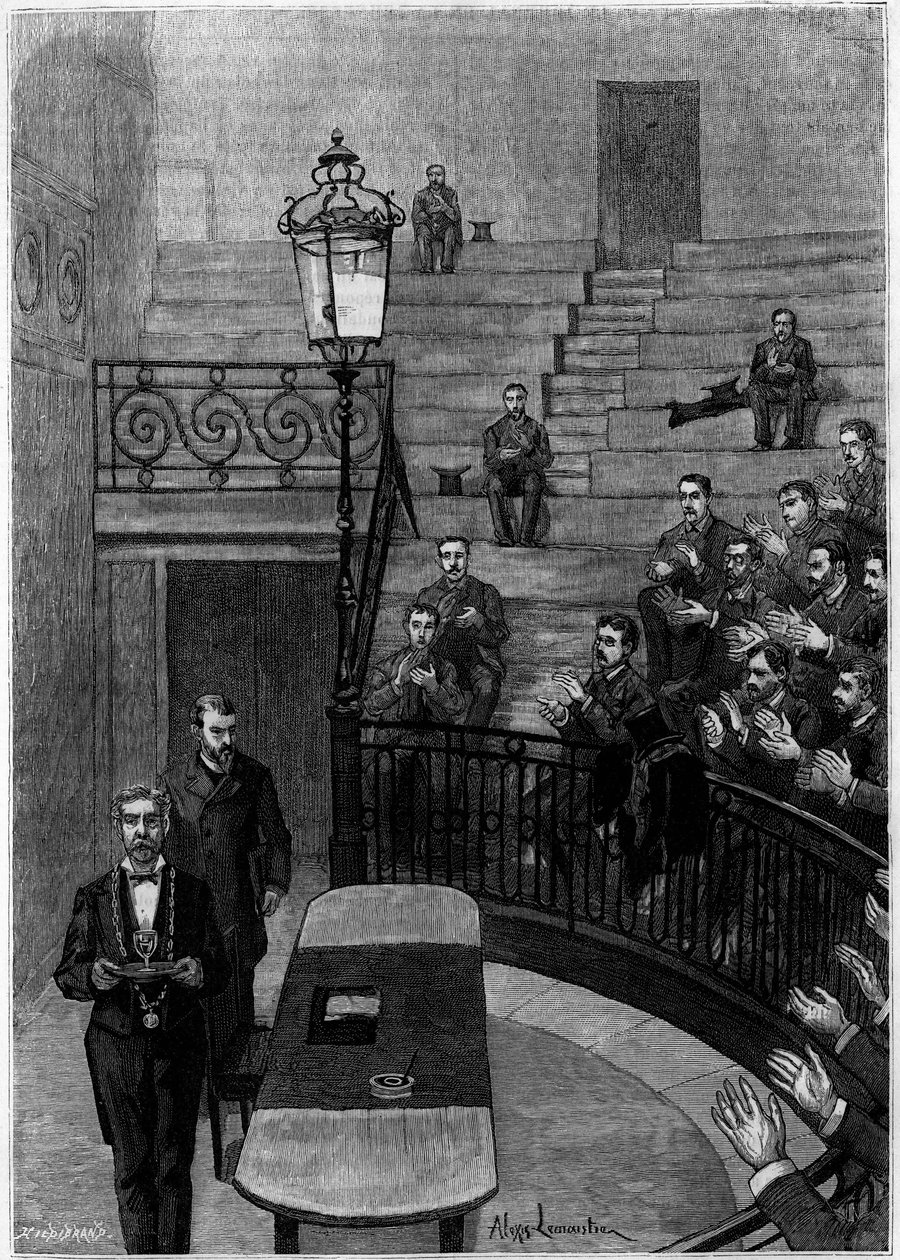 Den stora amfiteatern vid medicinska fakulteten i Quartier Latin i Paris. Gravyr i journalen "" La jeunesse"" av Unknown artist