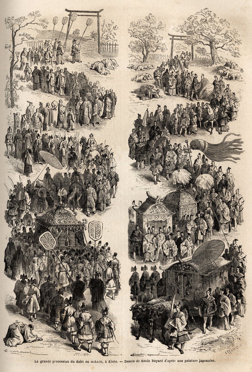 Den storslagna processionen av Mikado (kejsaren av Japan), vid dairi, det gamla kejserliga slottet Heian-kyo (Heian Kyo, nuvarande Kyoto) från 794 till 1869. Gravyr för att illustrera resan till Japan 1863-1864, av Aime Humbert, schweizisk minister av Unknown artist