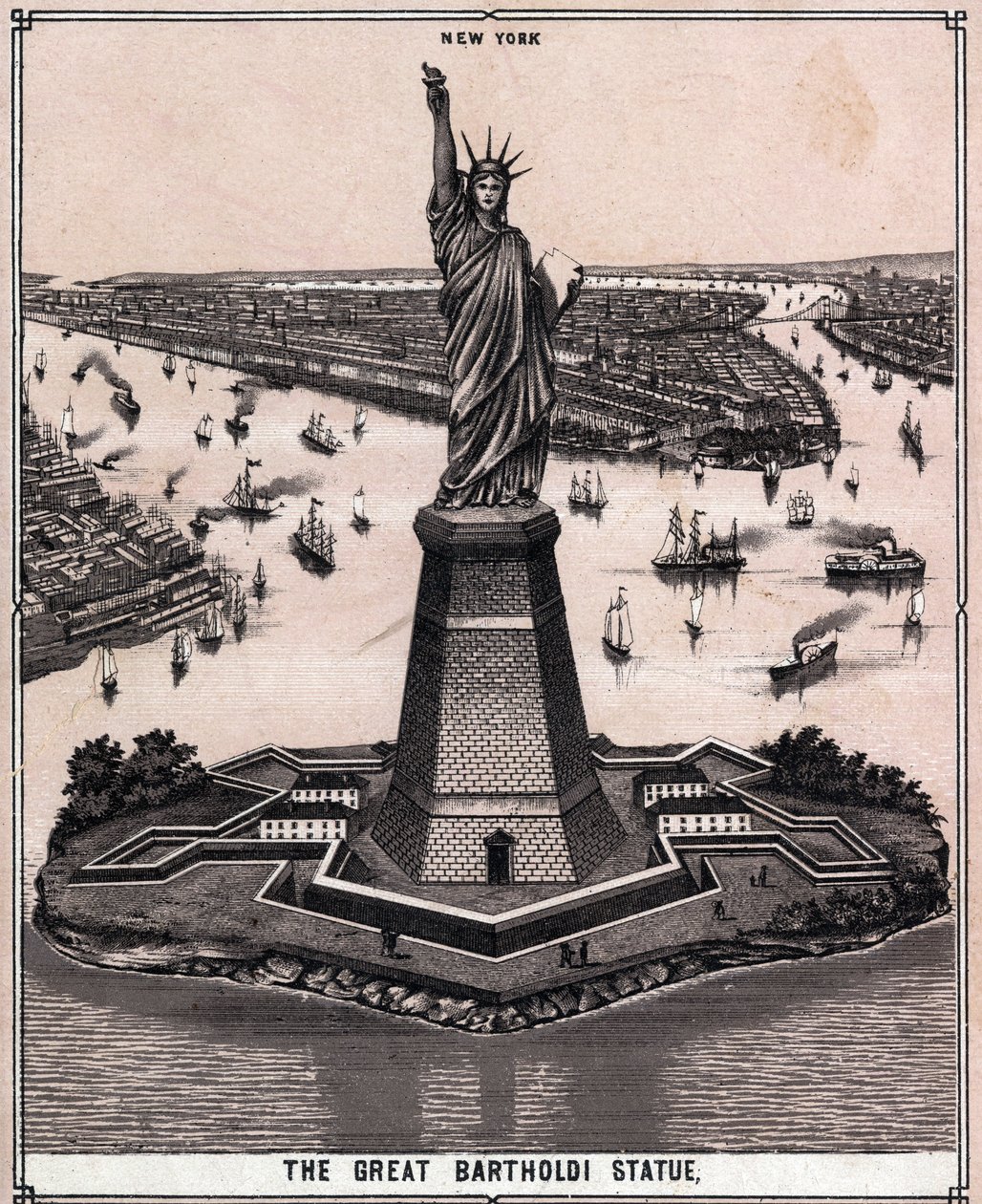 Den stora Bartholdi-statyn i New York, USA i "Världen illustrerar 168 vyer"" Odaterad (slutet av 1800-talet) av Unknown artist
