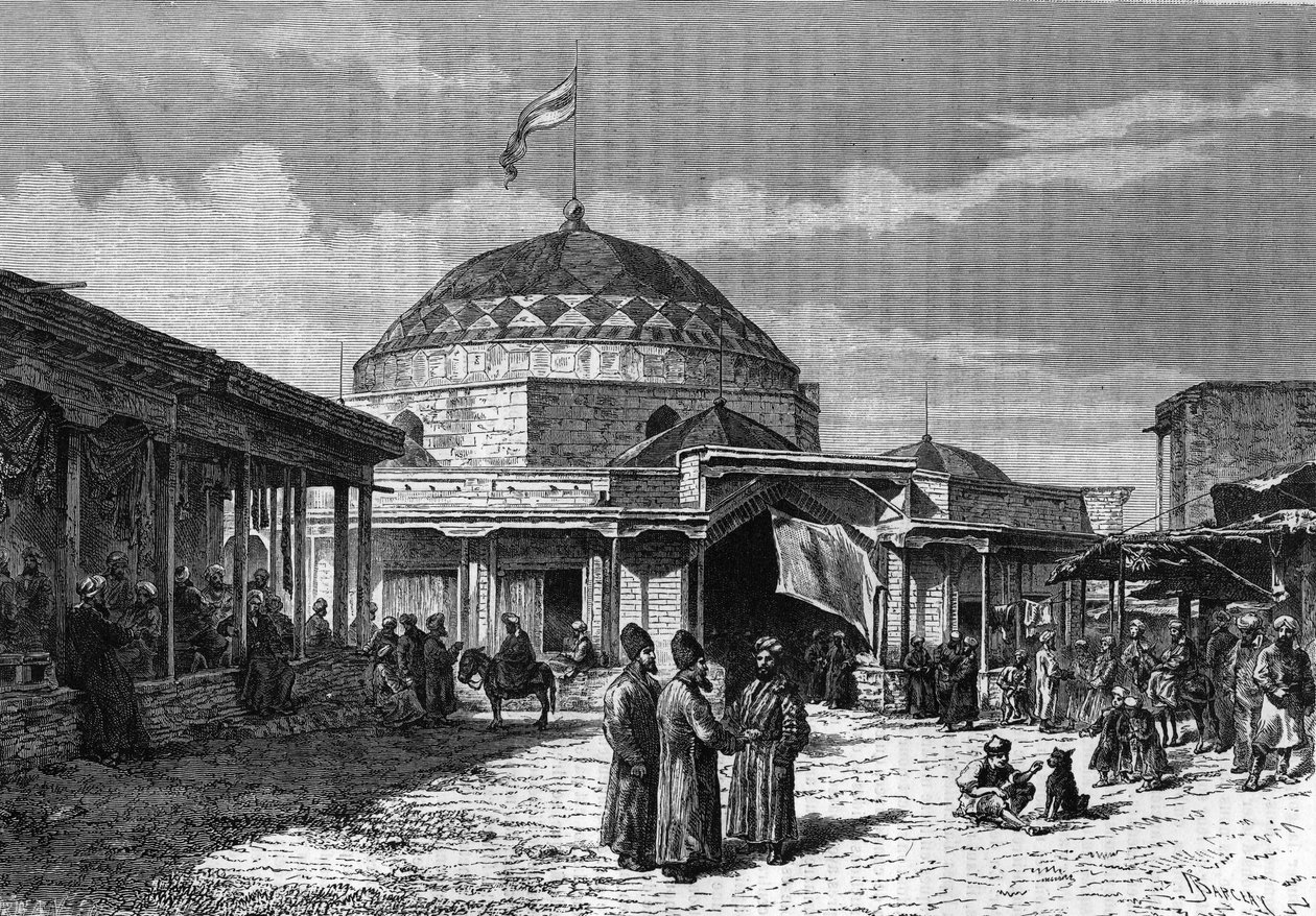 Den stora basaren i Samarkand (Samarqand eller Samarkand) i Uzbekistan på 1800-talet. Gravyr i "" le journal de la Jeunesse "" från 1888. av Unknown artist