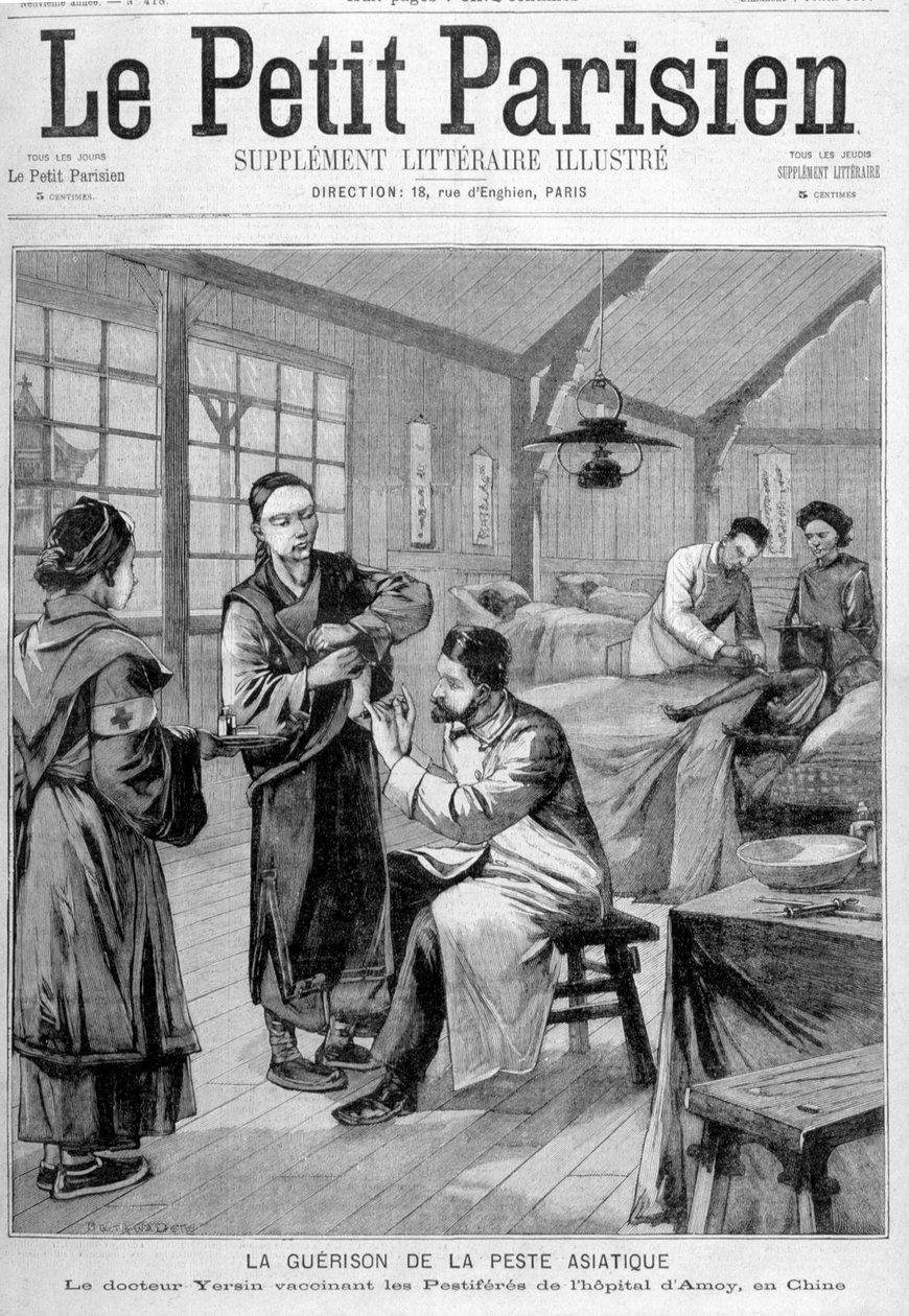 Läkningen av den asiatiska pesten: Dr. Yersin vaccinerar de skadedjur som finns på sjukhuset i Amoy i Kina - i "" Le Petite Parisien"" från 1897-02-07 av Unknown artist