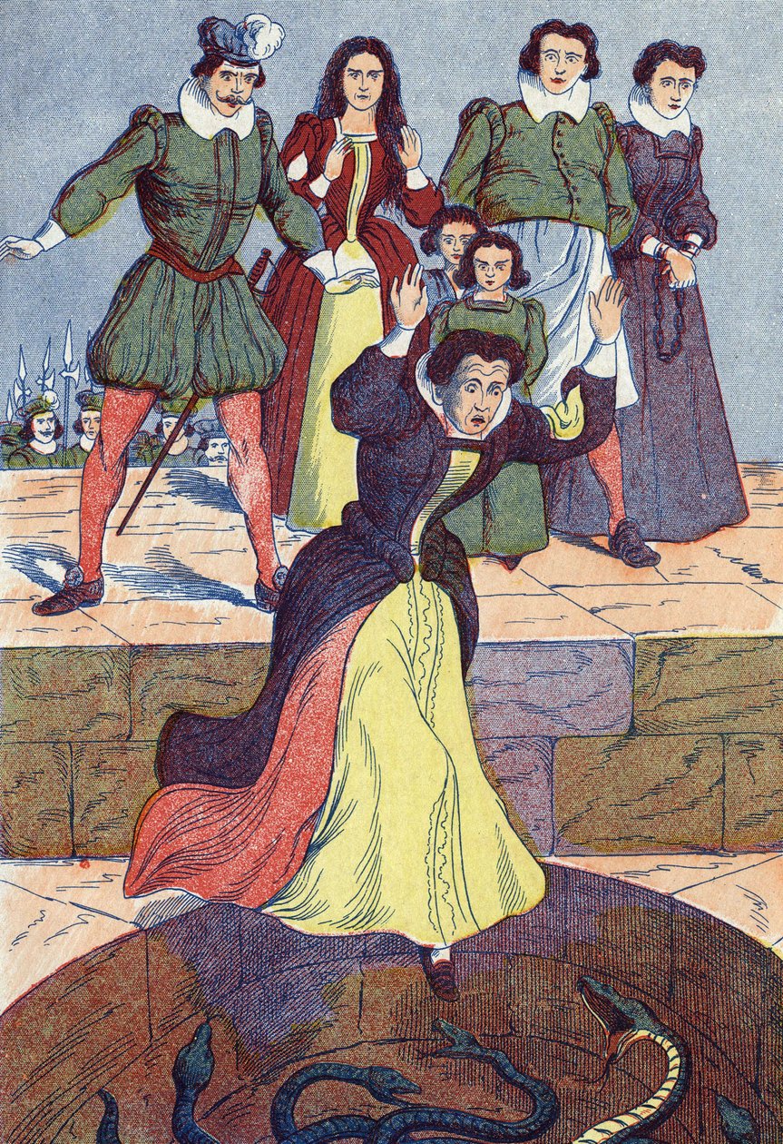 Den hemska trollkarlen kastar in i tanken. Anonym illustration för "La belle au bois dormant", berättelse av Charles Perrault (1628-1703), fransk författare. Bildmaterial Marcel Vagne, Jarville Nancy, odaterat (slutet av 1800-talet). av Unknown artist
