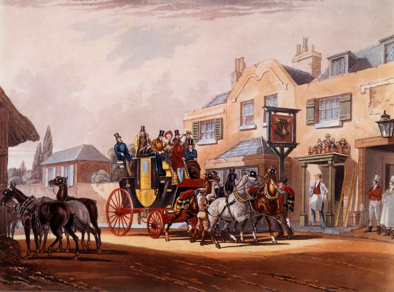 Häststafetten av en flit under ett stopp på ett värdshus. Tryck från 1800-talets privata samling av Unknown artist