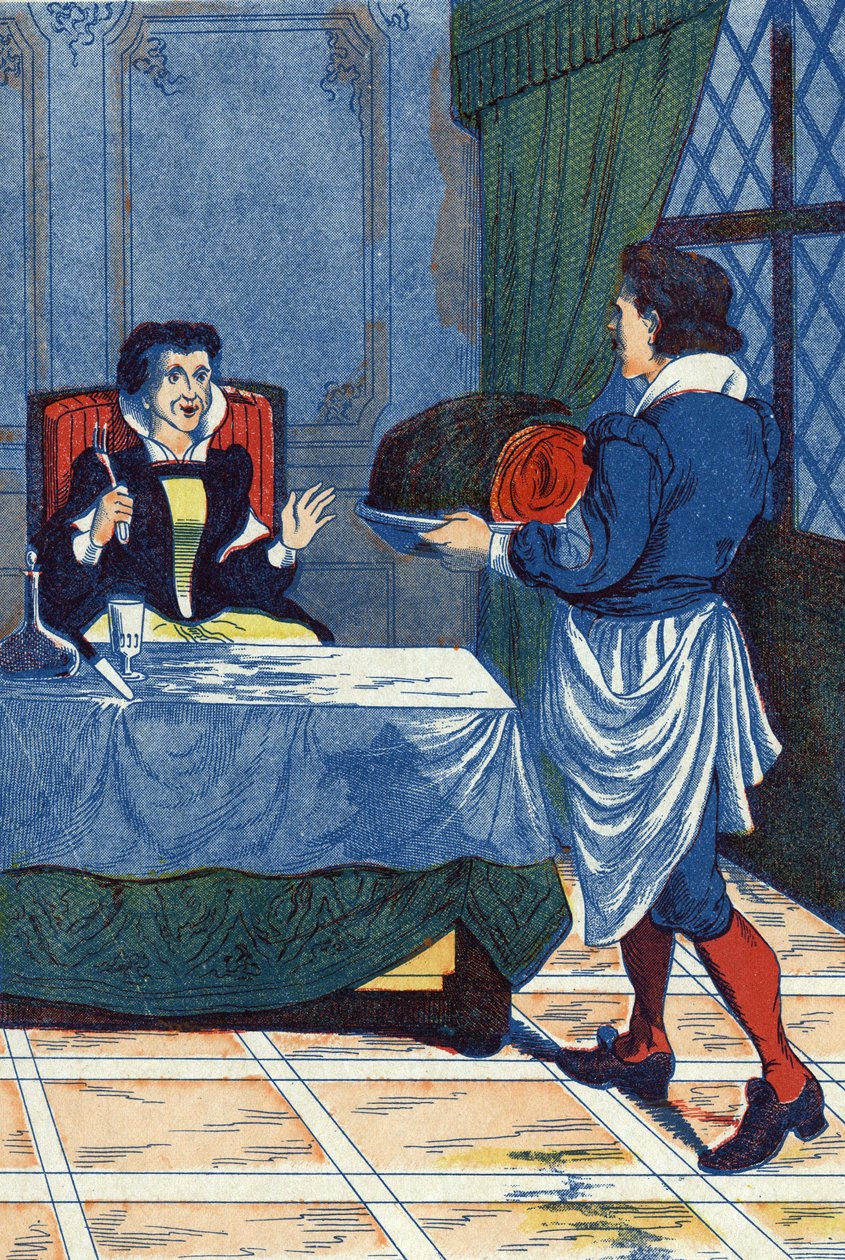 Hotellmästaren serverar ett barn till ogressen. Illustration till "La belle au bois dormant", berättelse av Charles Perrault (1628-1703), fransk författare. Illustration anonym. Bildspråk Marcel Vagne, Jarville Nancy, odaterad (slutet av 1800-talet). av Unknown artist