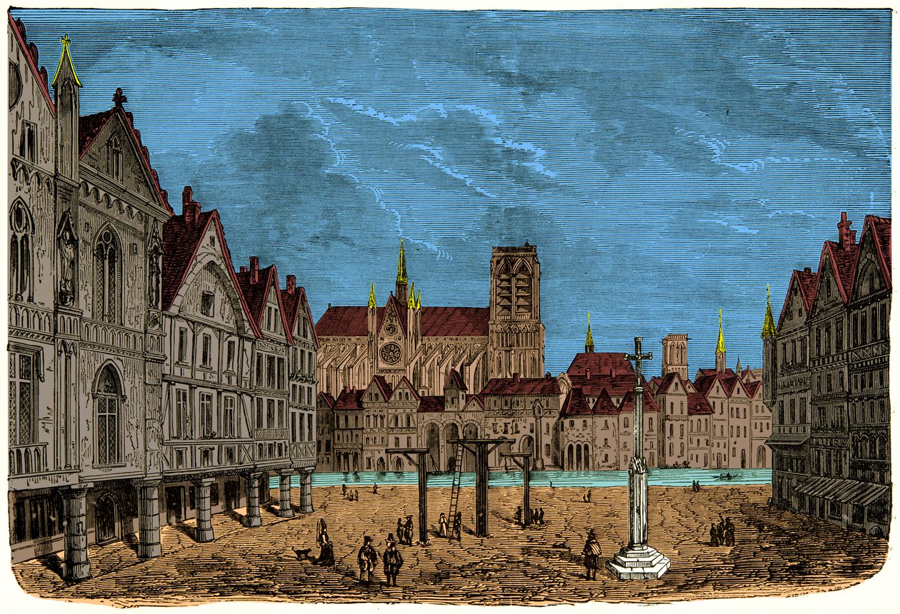 Huset med pelarna eller huset av Dauphin, tidigare och första stadshotell i Paris under medeltiden, gravyr 1800-talet av Unknown artist