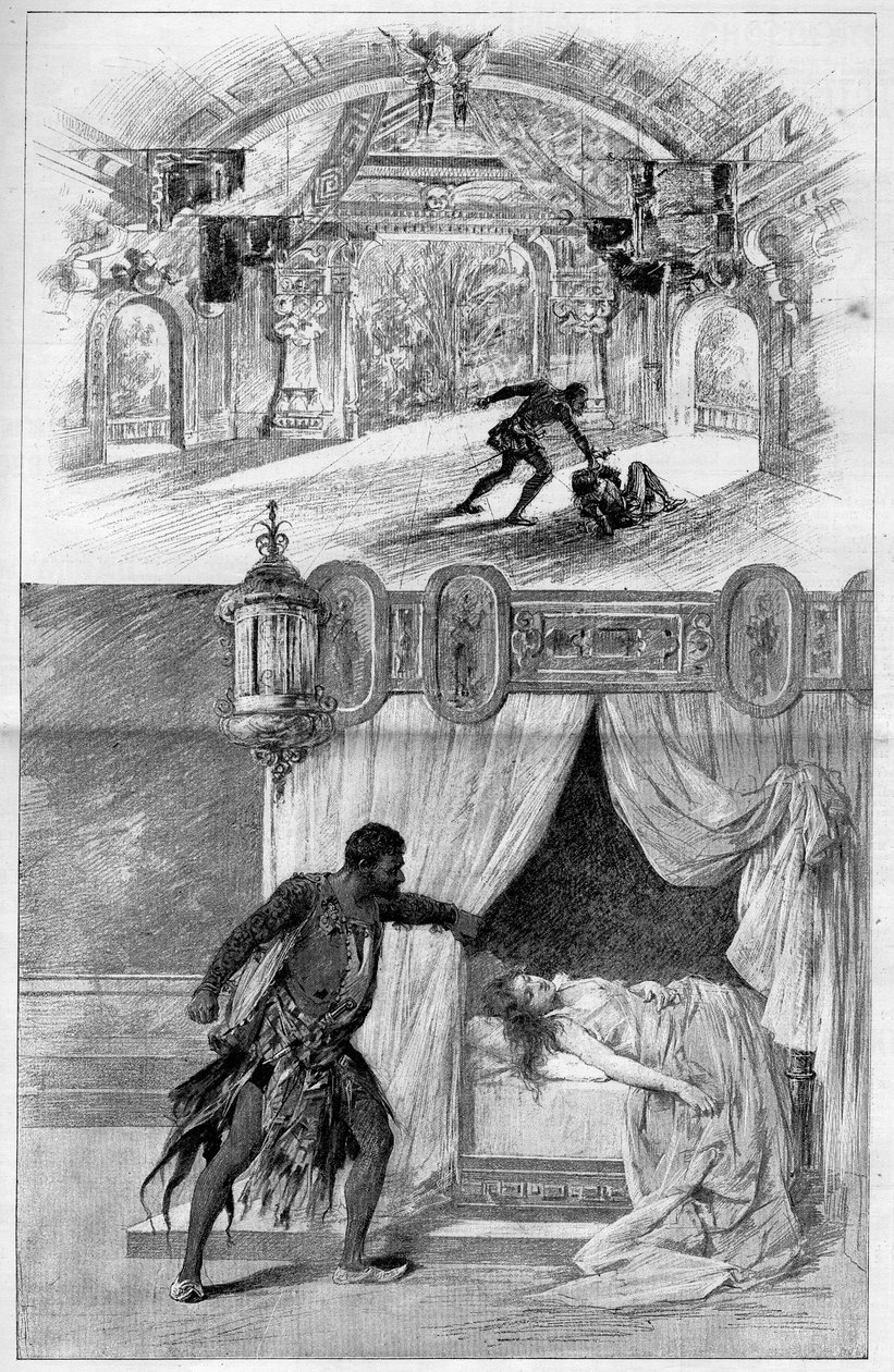 Den lysande teatern: Otello (Othello), opera av Giuseppe Verdi (1813-1901), italiensk kompositör, representerad på Scala-teatern i Milano den 12 februari. Gravyr i "" Le monde illustrious"" av Unknown artist