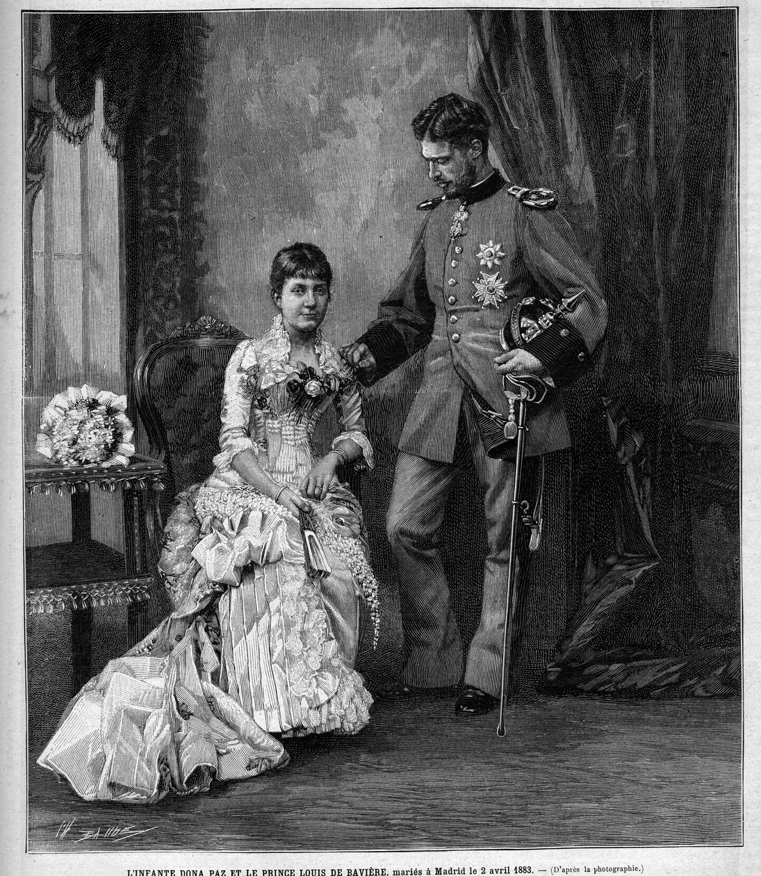 Spaniens spädbarn Dona Maria de la Paz (1862-1946) och prins Ludvig II av Baviere (Ludwig Otto Frederik Wilhelm von Wittelsbach av Unknown artist