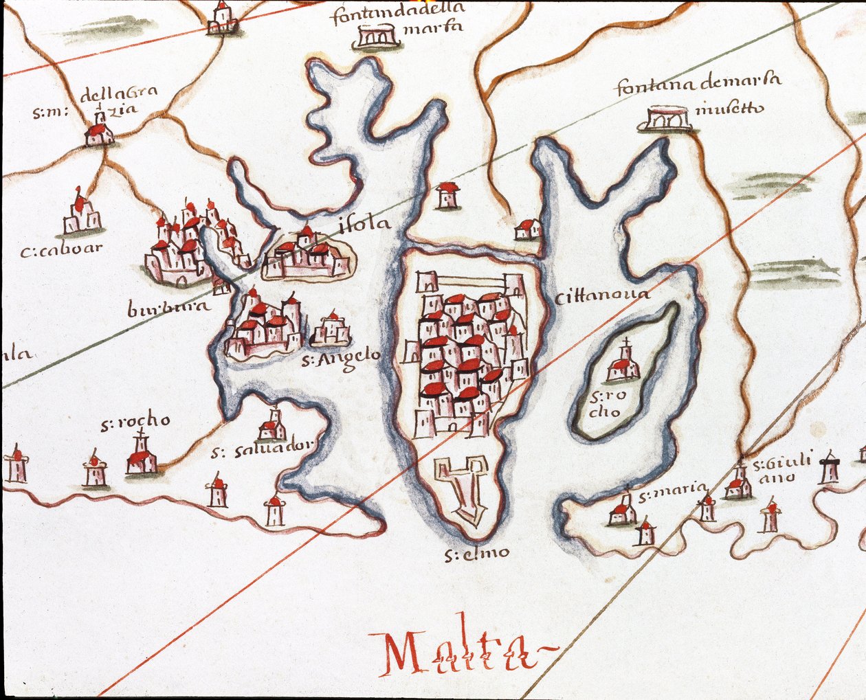 Ön Malta, med Fort St. Elmo (Detalj av Portulan de Castellini av Unknown artist