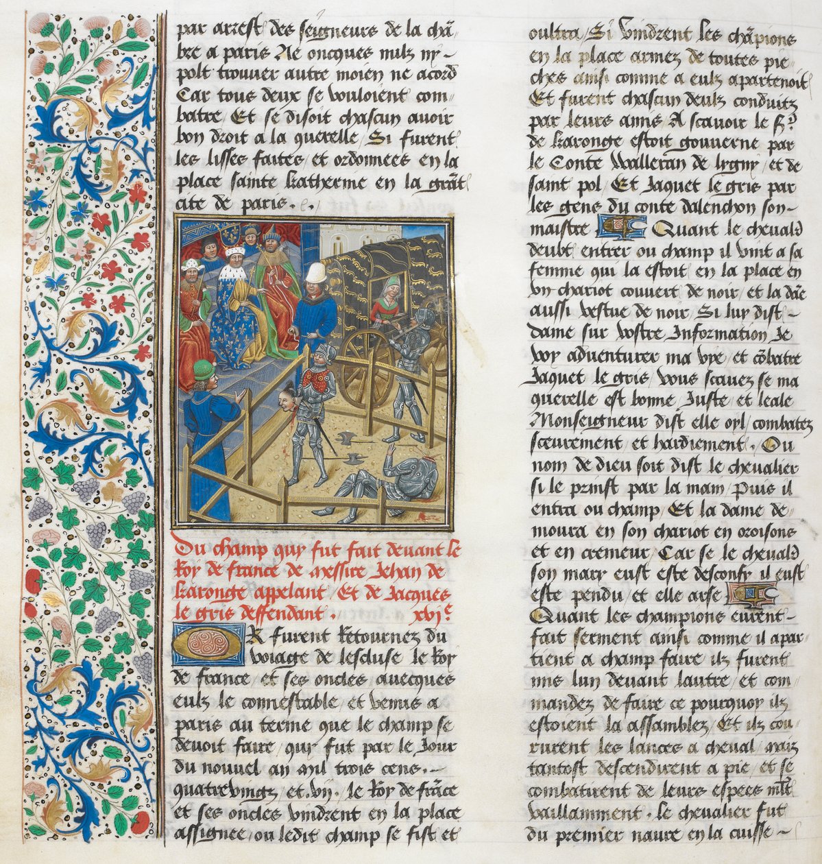 Den rättsliga striden mellan Jacques le Gris och Jean de Carrouges. Blommig kant. av Unknown artist
