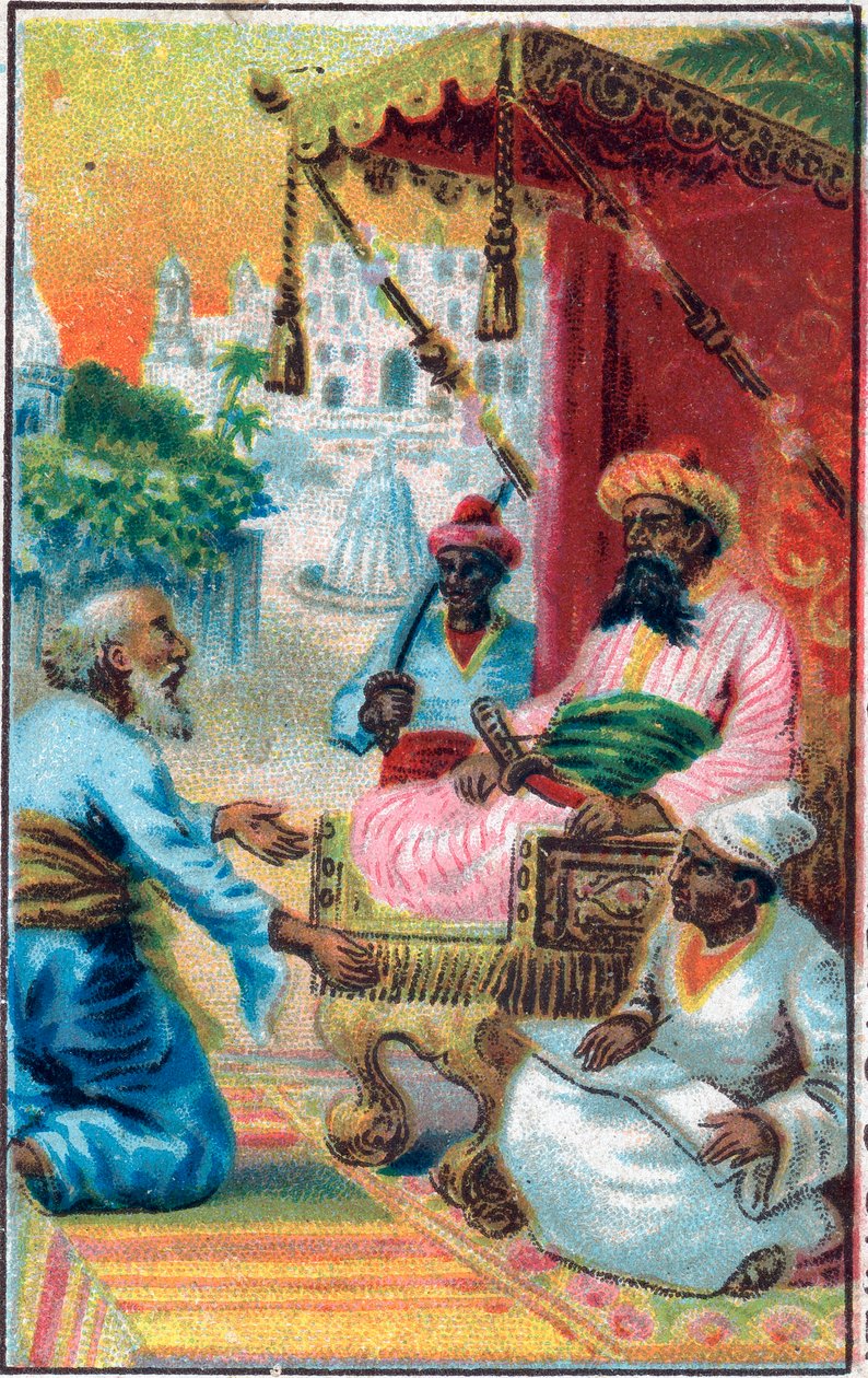 Kungen och indianen. Saga "" Berättelsen om den förtrollade hästen"" i "De tusen och en natt" (de 1001 nätterna eller Le mille e una notte, Arabiska nätter). Kromolitografi från slutet av 1800-talet. av Unknown artist