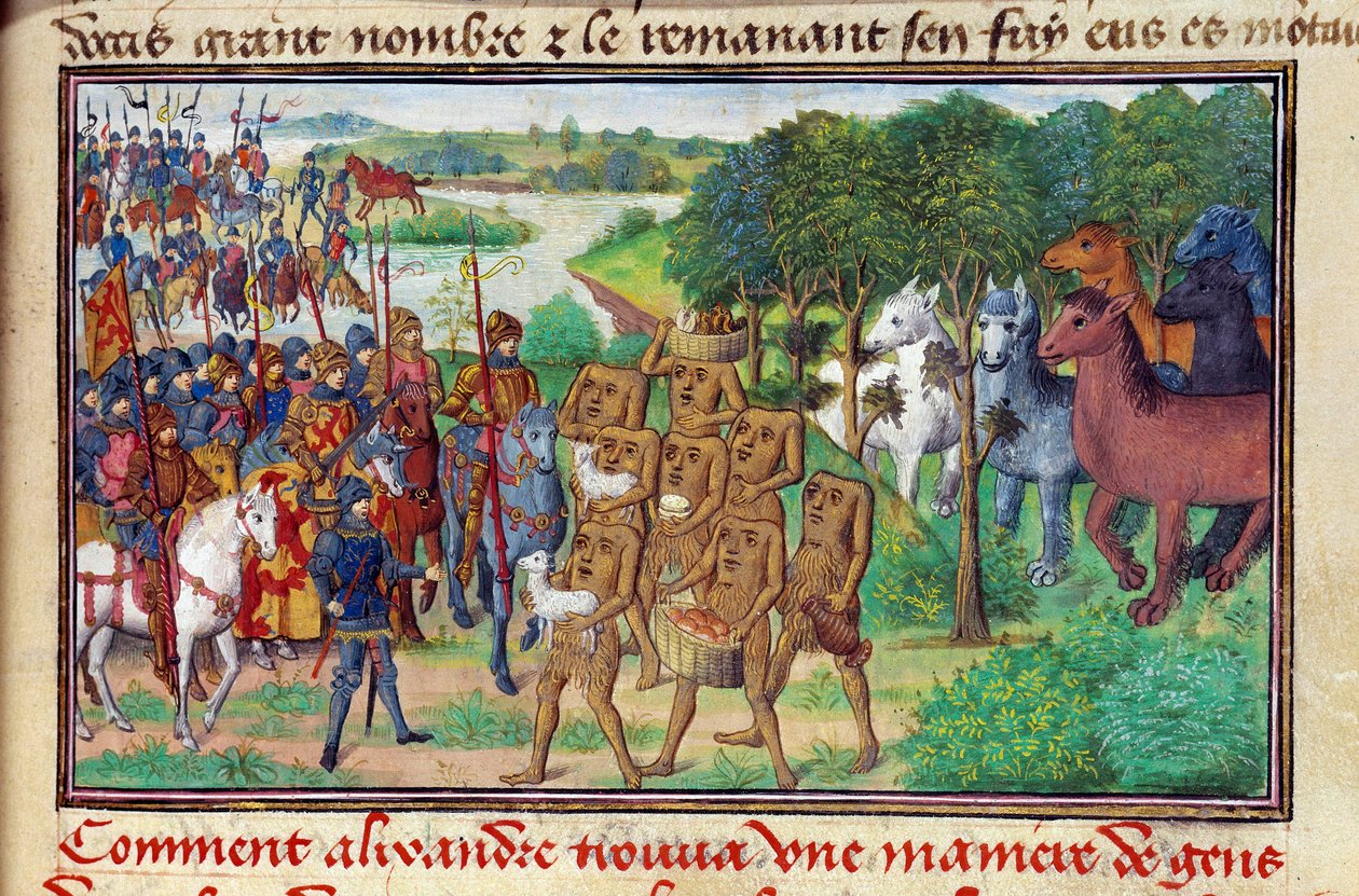 Kungen av makedoinska Iskandar (eller Alexander den store) (356 - 323 f.Kr.) träffade monster som gav honom presenter av Unknown artist