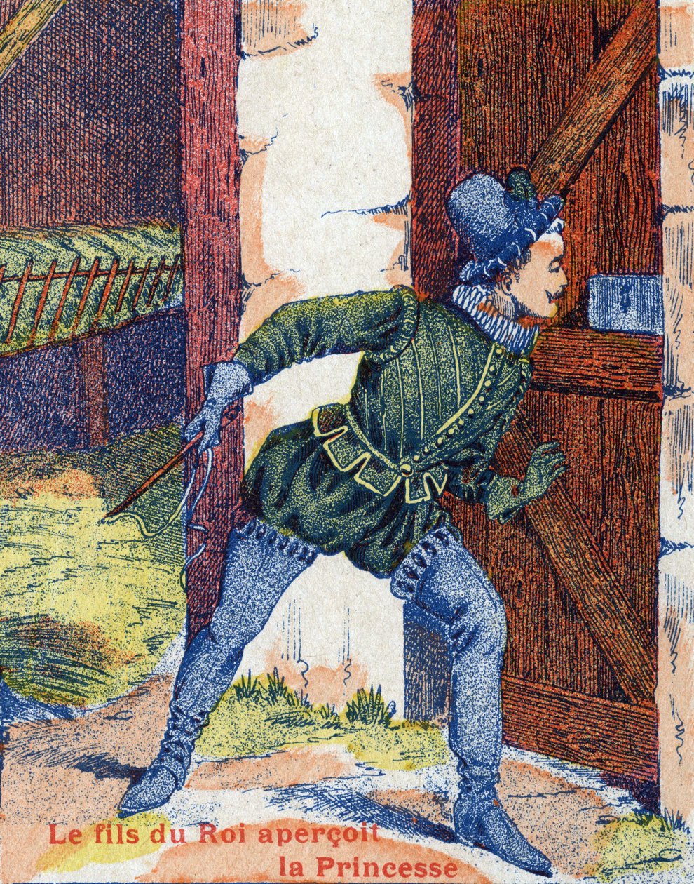 Kungasonen såg prinsessan. Illustration till berättelsen "" Åsneskinn" av Charles Perrault (1628-1703), fransk författare. Bildmaterial Marcel Vagne, Jarville Nancy, odaterat (slutet av 1800-talet). av Unknown artist