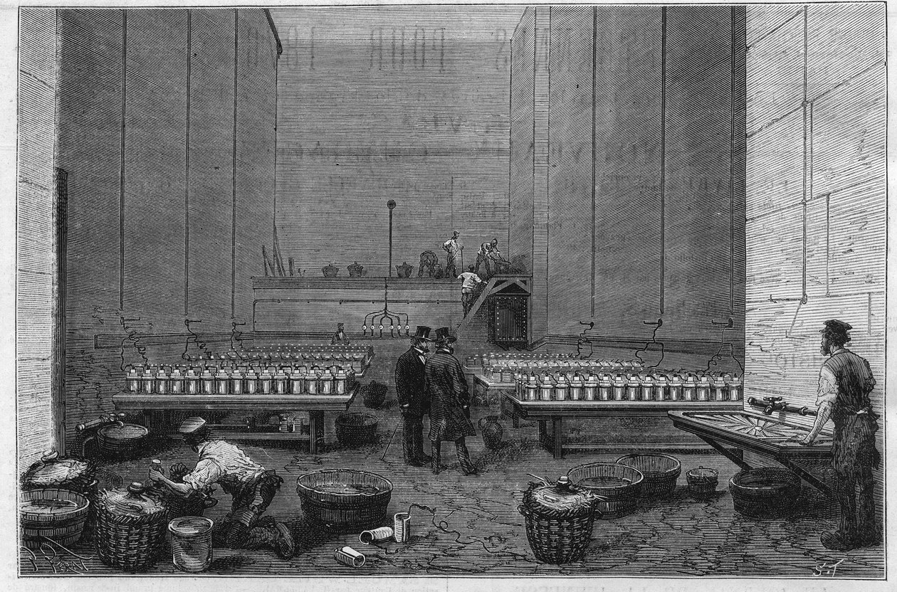 Det stora elektricitetsrummet på Opera Garnier eller tvåhundra Bunsen-batterier gör det möjligt att projicera strålarna från den elektriska solen av Unknown artist