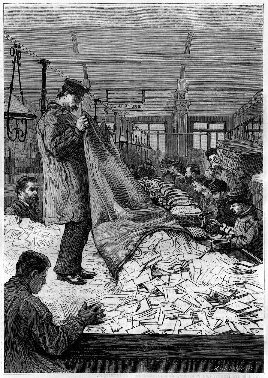 De stora bokstäverna i sorteringscentralerna på Hotel des Postes på Rue du Louvren i Paris. Gravyr i journalen "" La jeunesse"" av Unknown artist