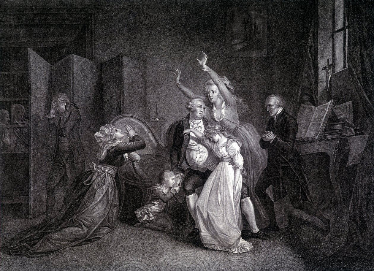 Den sista intervjun av Ludvig XVI med hans familj (Marie Antoinette och Ludvig XVII). Gravyr av 1800-talet. av Unknown artist
