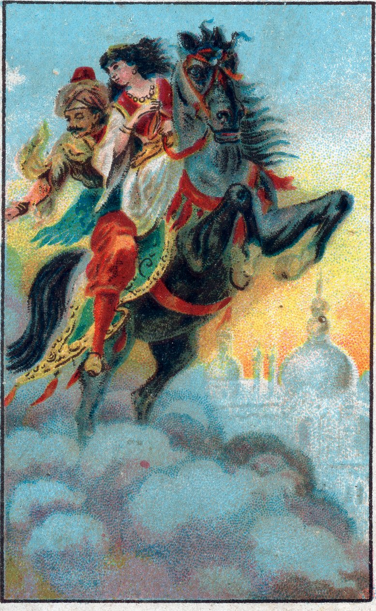 Läckan. Saga "" Berättelsen om den förtrollade hästen""" i "" De tusen och en natt""" (de 1001 nätterna eller Le mille e una notte, Arabian Nights). Kromolitografi från slutet av 1800-talet. av Unknown artist