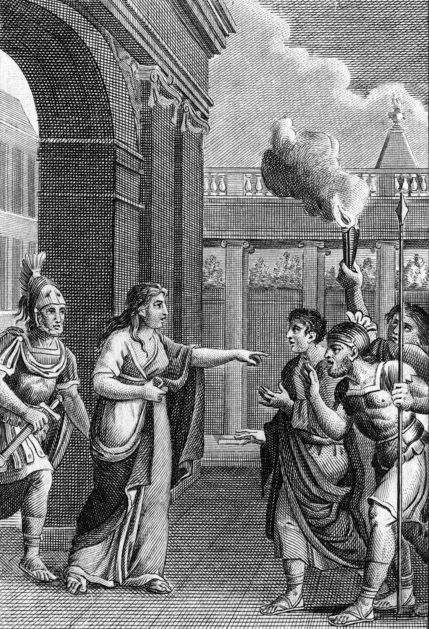 Den legendariska drottningen av Babylon, Semiramis, lugnar genom sin närvaro en uppvigling som hade uppstått i Babylon. I "" Forntida historias skönheter eller minnesvärda fakta och talesätt från stora män"" av Unknown artist