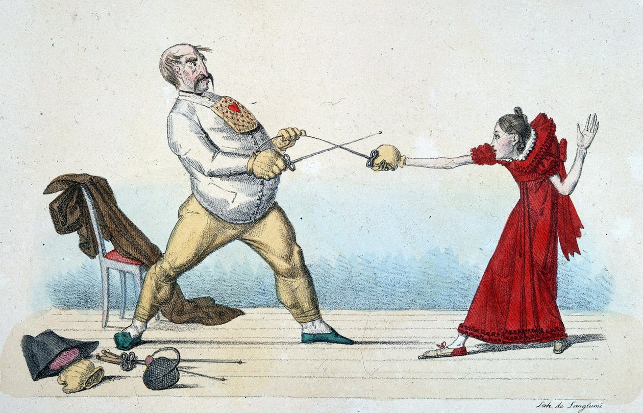 Lärdomen av fäktning: hur man rätar ut storleken på ungdomar och förebygger olyckor - 1800-talet, Musee Carnavalet. av Unknown artist