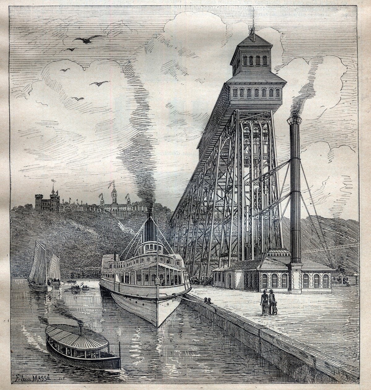 Liftarna i Weehawken i USA - Gravyr i "La Science francaise"" av Unknown artist