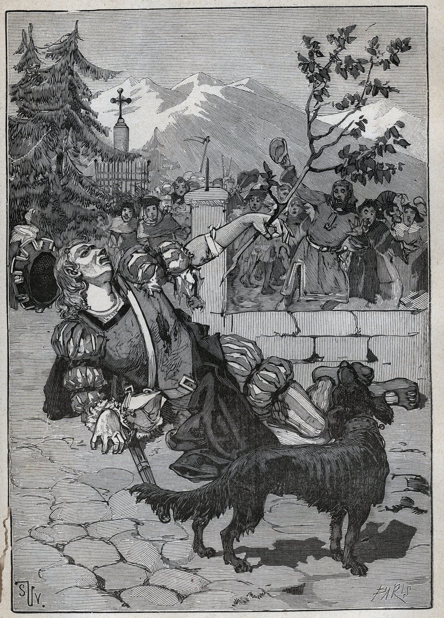 Fribourgs lindeträd: en soldat från Helvetic Confederation kom till Fribourg för att tillkännage Schweiz seger mot Karl Temeraire i slaget vid Morat den 22 juni 1476 med en lindgren från slagfältet. Soldaten dog a av Unknown artist