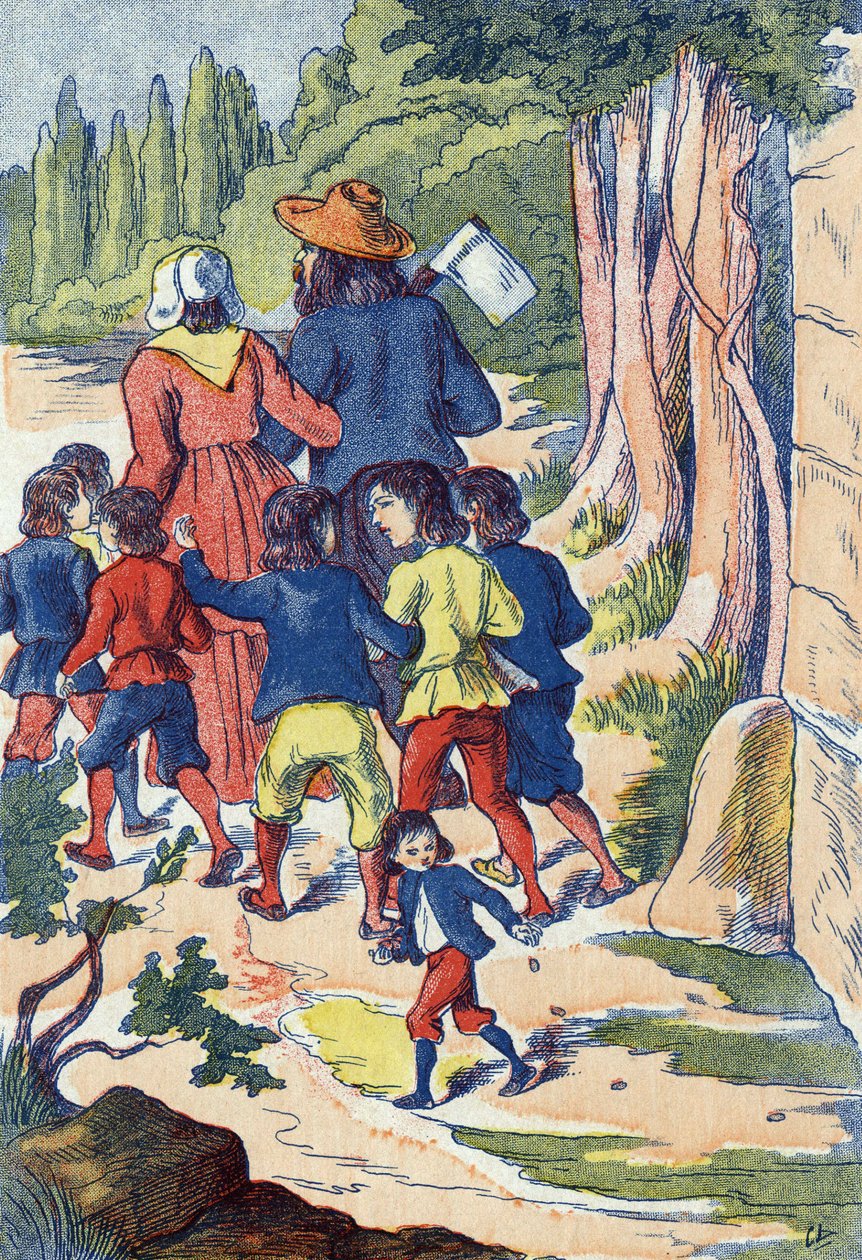 Den lilla fickan sår stenar i hans väg. Illustration till "" Le Pepetit poucet", berättelse av Charles Perrault (1628-1703), fransk författare. Anonym illustration. Bildmaterial Marcel Vagne, Jarville Nancy, odaterat (slutet av 1800-talet). av Unknown artist