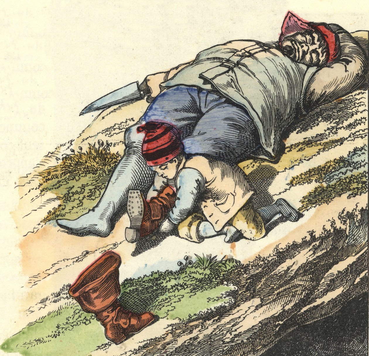 Den lilla fickan stjäl stövlarna från 7 ställen från den sovande ogren. Illustration av berättelsen "" Le Petit Poucet"" av Charles Perrault av Unknown artist